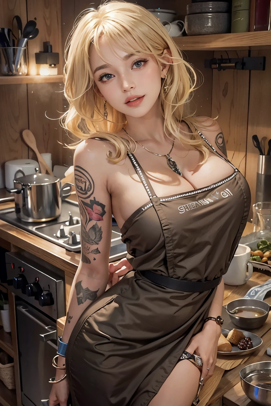 Realistic, High resolution, Soft Light,1 female, alone, Hip Up, Glowing Skin, (Detailed face),tattoo, Naked Apron,night, Blonde Hair, Wavy Hair, spouse, Eyes that beckon, spouseの視点, Attractive look, Sexy smile, Perfect Style, Perfect balance, Fine skin, Naughty look, I can see your chest, huge firm bouncing bust