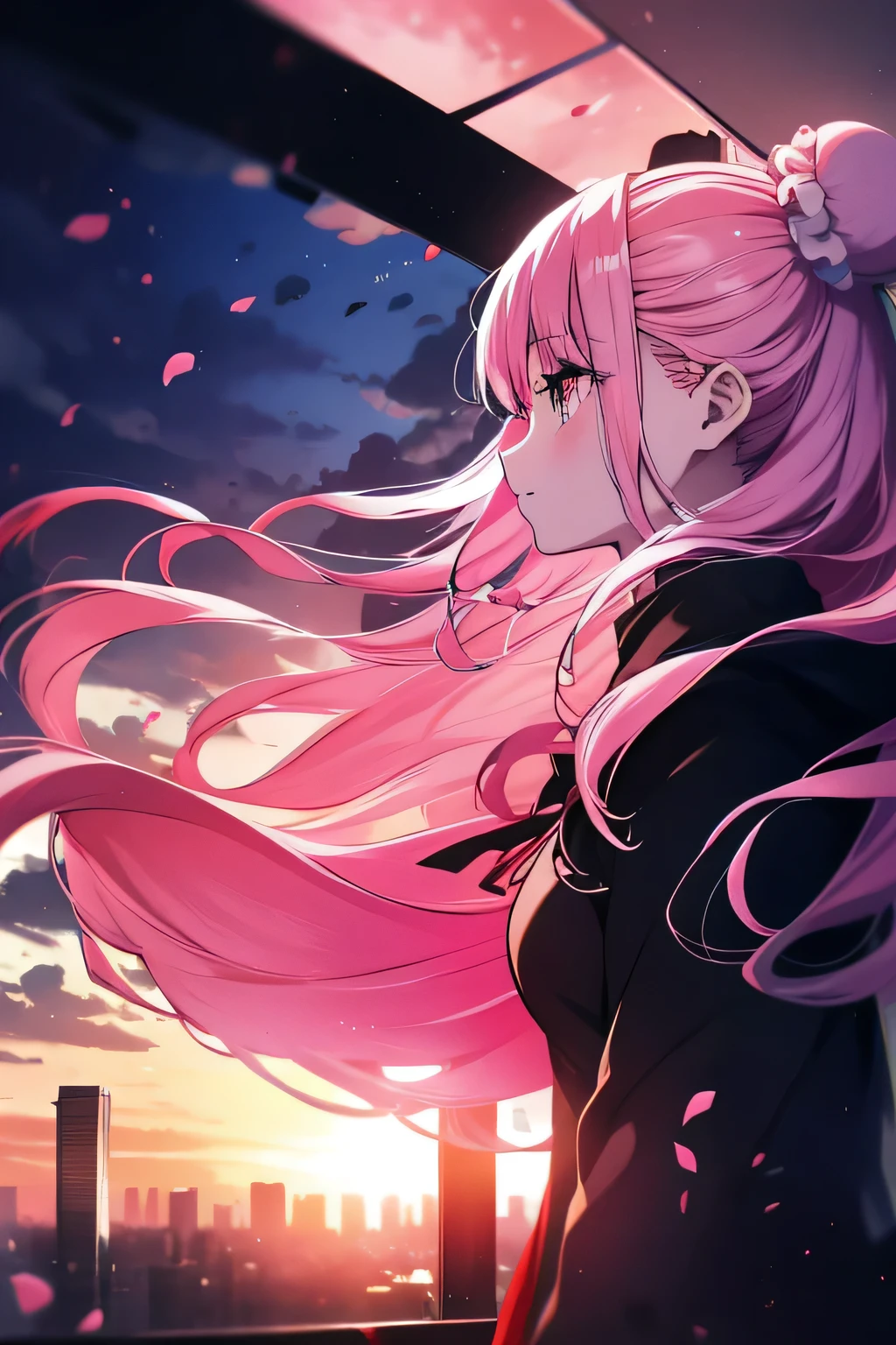 anime,silhouette,One girl, star (null), cloud, cityscape, building, city, Outdoor, nullscraper, city lights, night, night null, sunset, nullline, (Hair Ribbon:0.4),(((White bun hair))),(((Long pink hair))),