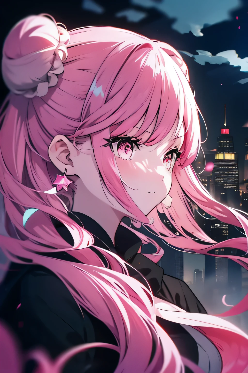 anime,silhouette,One girl, star (null), cloud, cityscape, building, city, Outdoor, nullscraper, city lights, night, night null, sunset, nullline, (Hair Ribbon:0.4),(((White bun hair))),(((Long pink hair))),