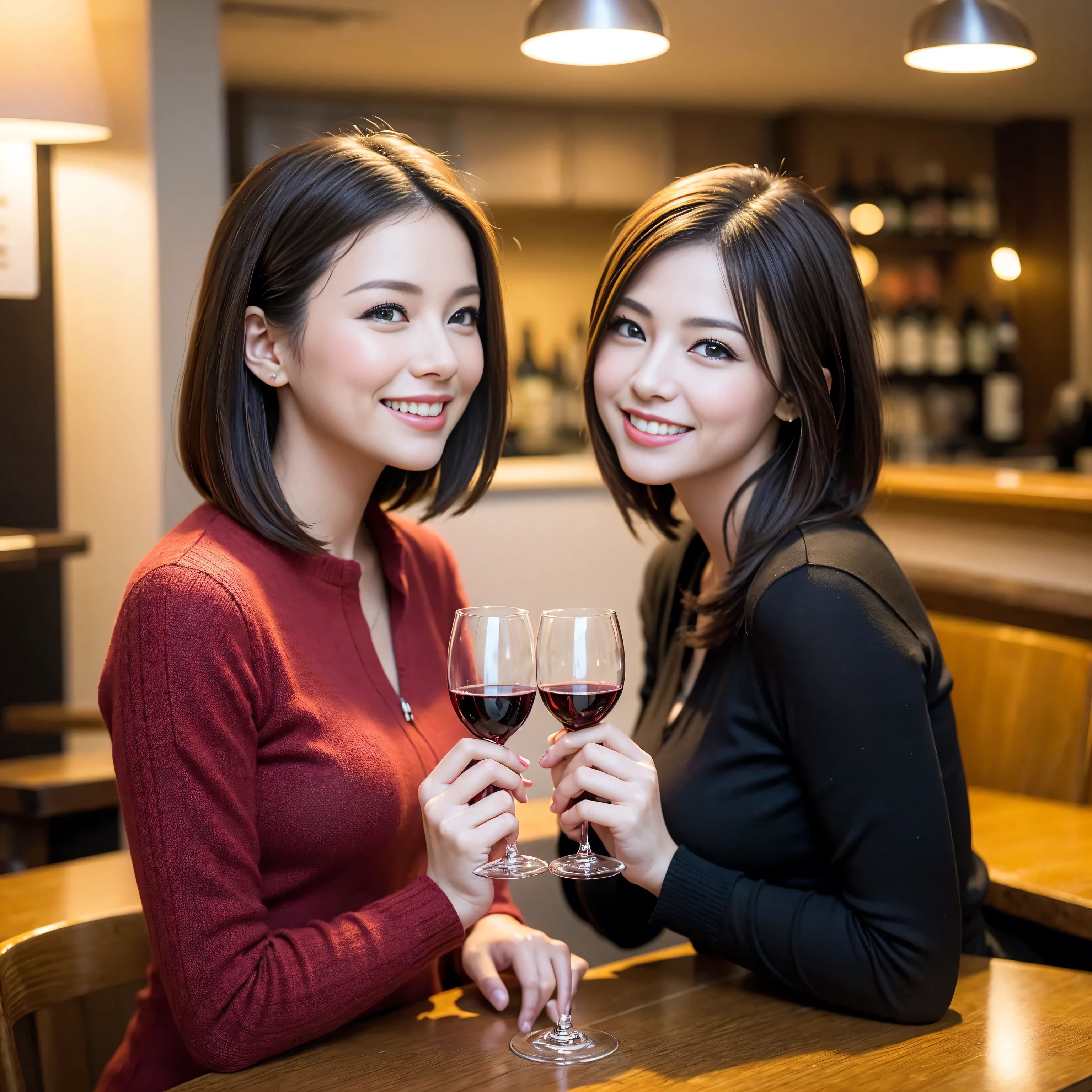 ((highest quality、8k、masterpiece:1.3))、1 male、1 female、Half Couple、Spouse、Brown Hair Couple、The body is slim、((Bob Hale、Straight hair:1.2)), (Realistic, Intricate details:1.2), Wine glass on the table、Put the light on your face、 Amazing view of the sunset sky and clouds、Amazing mountain views、A bright smile、The wonderfulness of smile、Bright image、The beauty of wine, Beautiful Face, blue eyes, The light shines on your face, Blushing, short hair,Bright Face、 (Age 37), 39 years old, red wine 、Appetizers、Italian food、Wine bottle、Champagne、sparkling wine、Two beauties、Brown Hair、Shortcuts、Long sleeve shirt、dress、Pretty Woman 1, (Slim face), (The body is slim), (Brown Hair), (Shortcuts), cheeks turn a little red,Attractive beauty、restaurant, In a prominent place (From the waist up) Nova Frog Style, actress, model, Upper Body, White wine, slim, wine glass, A wine glass placed in the center, smile, (smile: 1.15), Beautiful fine grain, Depth f/2,saturation, High Contrast, Strong light and shadow,Moist Body:1.5、3D texture、Delicate eyes、Brown Hair、The hair is very shiny、