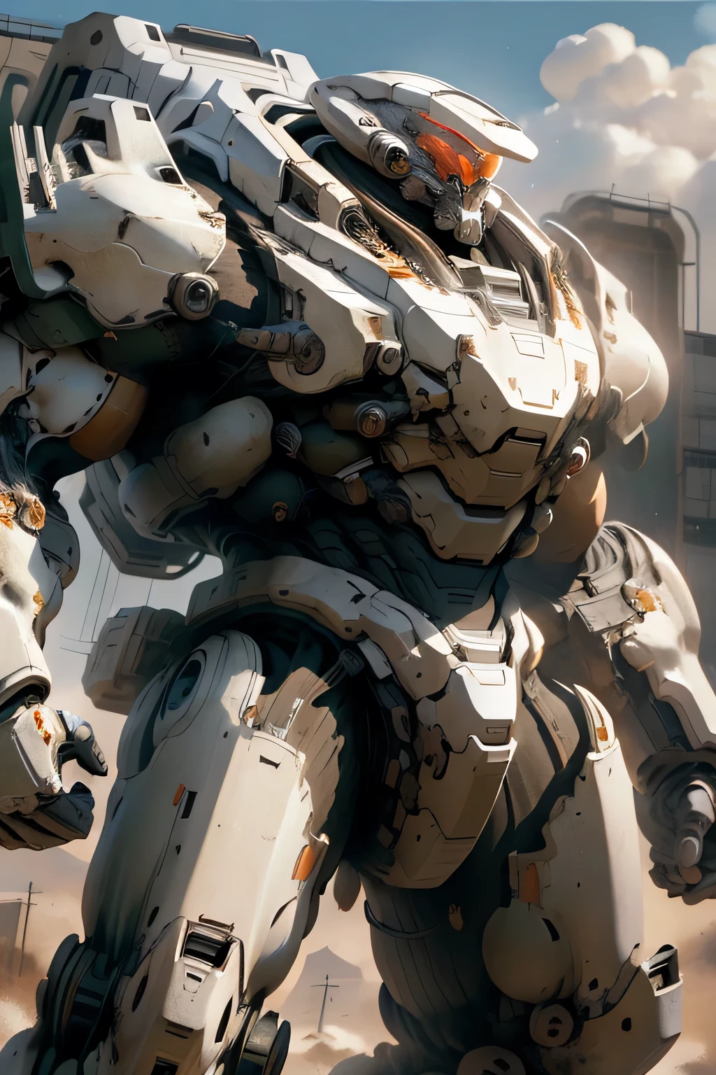 ((best quality)),((masterpiece)),((High resolution)),((detailed)) , Strong, Giant white mech, On the dust, Fist of the Titan，Large Shield，Giant Punch，Factory Background，whole body，Heavy gunner，pile driver