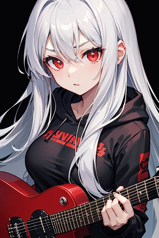 background through, long hair、 straight hair、 silver hair girl, ruby eyes、 Super high quality, 8K、Upper body、 black background、 Band vocals、 (black hoodie)、 ((big tits)), ((((Young face)))), ((Red Electric Guitar)), denim shorts, (shoot from above),(((expressionless)))