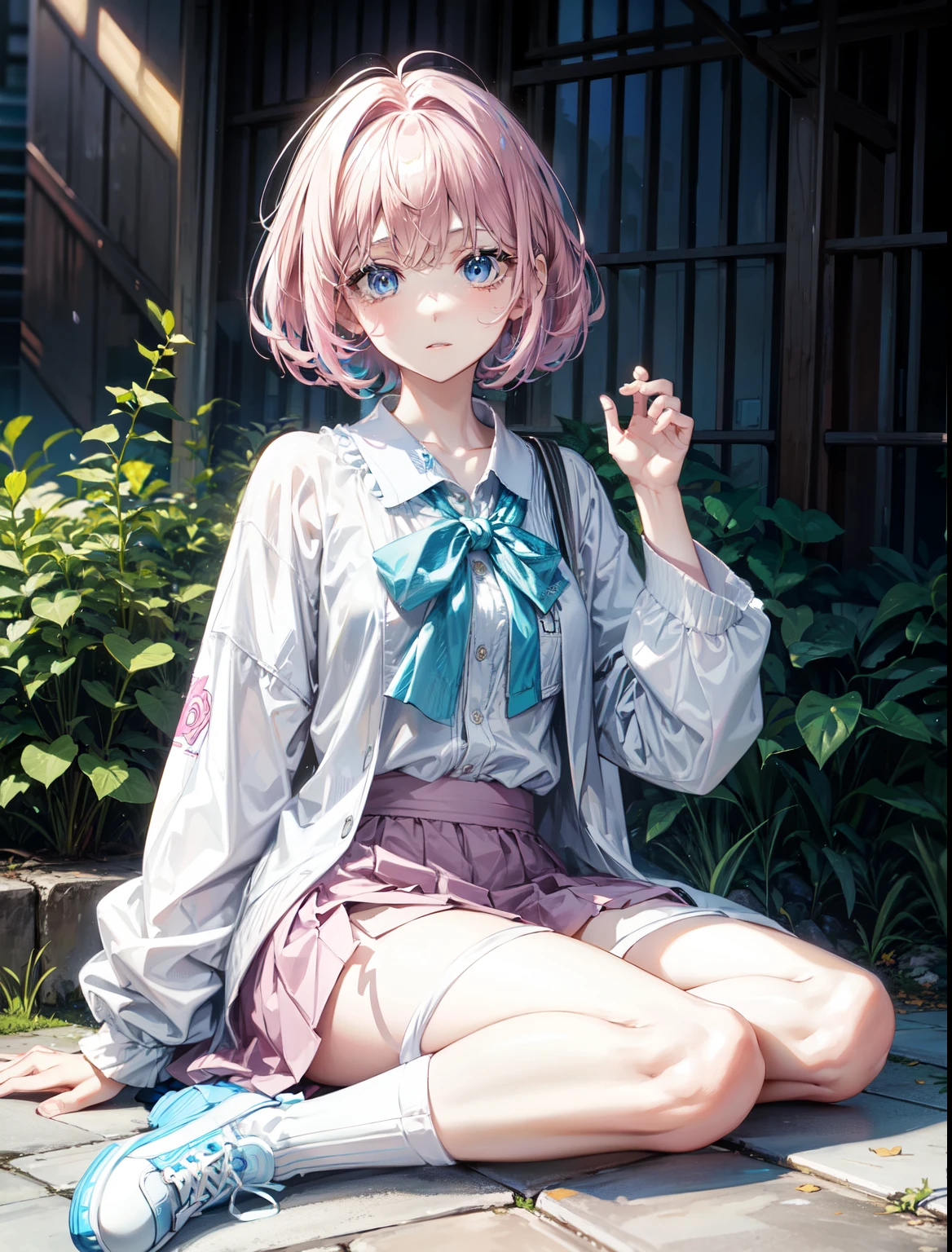 Color gas,Girl with pale pink hair,blue eyess,sitting on ground,short skirt,white panties,#quality(8k,Highly detailed wallpaper, masterpiece,High resolution,top-quality,top-quality real texture skin,Surreal,Increase the resolution,highest quality,Very detailed,wallpaper,Cinematic,Golden Ratio), break ,#(girl、Too much exposure、Semi-nude、Bold sexy pose),1 Girl(whole body)