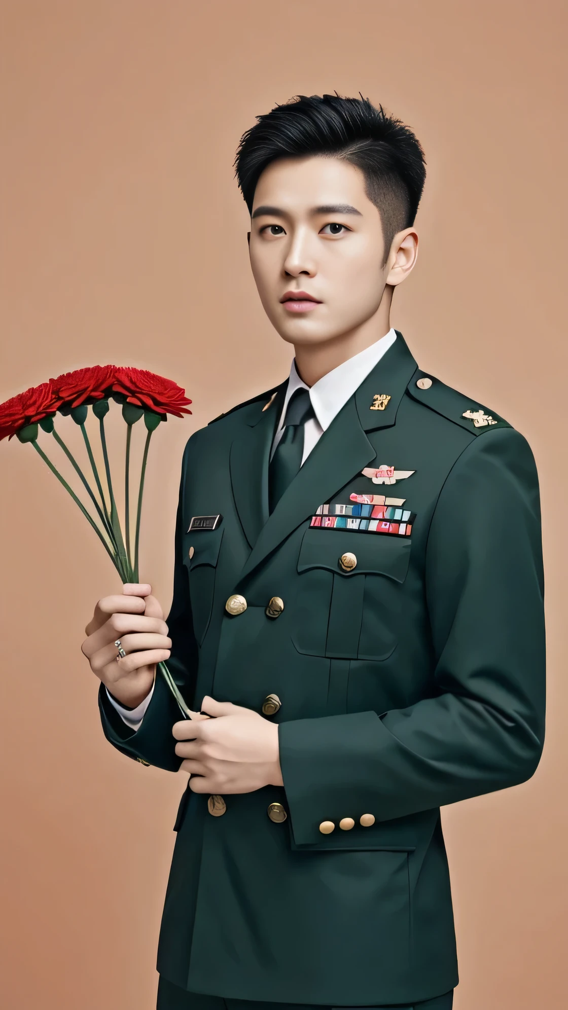 8k,（masterpiece）,Best quality,2d,Asian men,Wearing embroidered guards,Wearing military uniform,yanjun chengt,Wearing a full set of army green,officer,Unified background,Wearing General&#39;s uniform,Topless photos,Holding carnation flowers,Holding a big pink flower,Holding big pink flowers,Muscle Man，Handsome hairstyle，Simple background，Tough Guy，General's uniform
