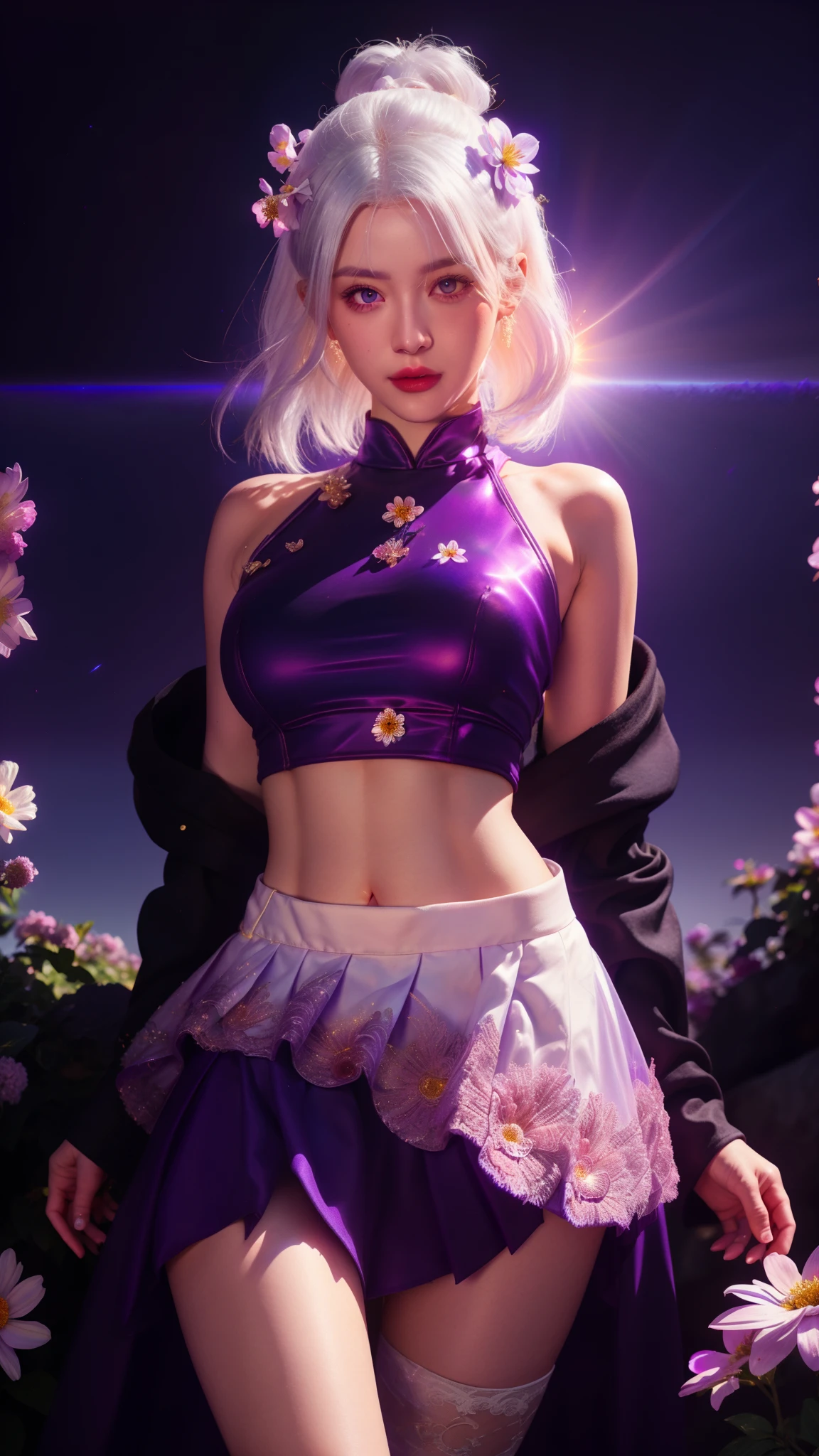 realistic, 1girl, white hair, purple eyes, glowing eyes, crop top, skirt, parted lips, blush, night, flowers, sun, sunlight,