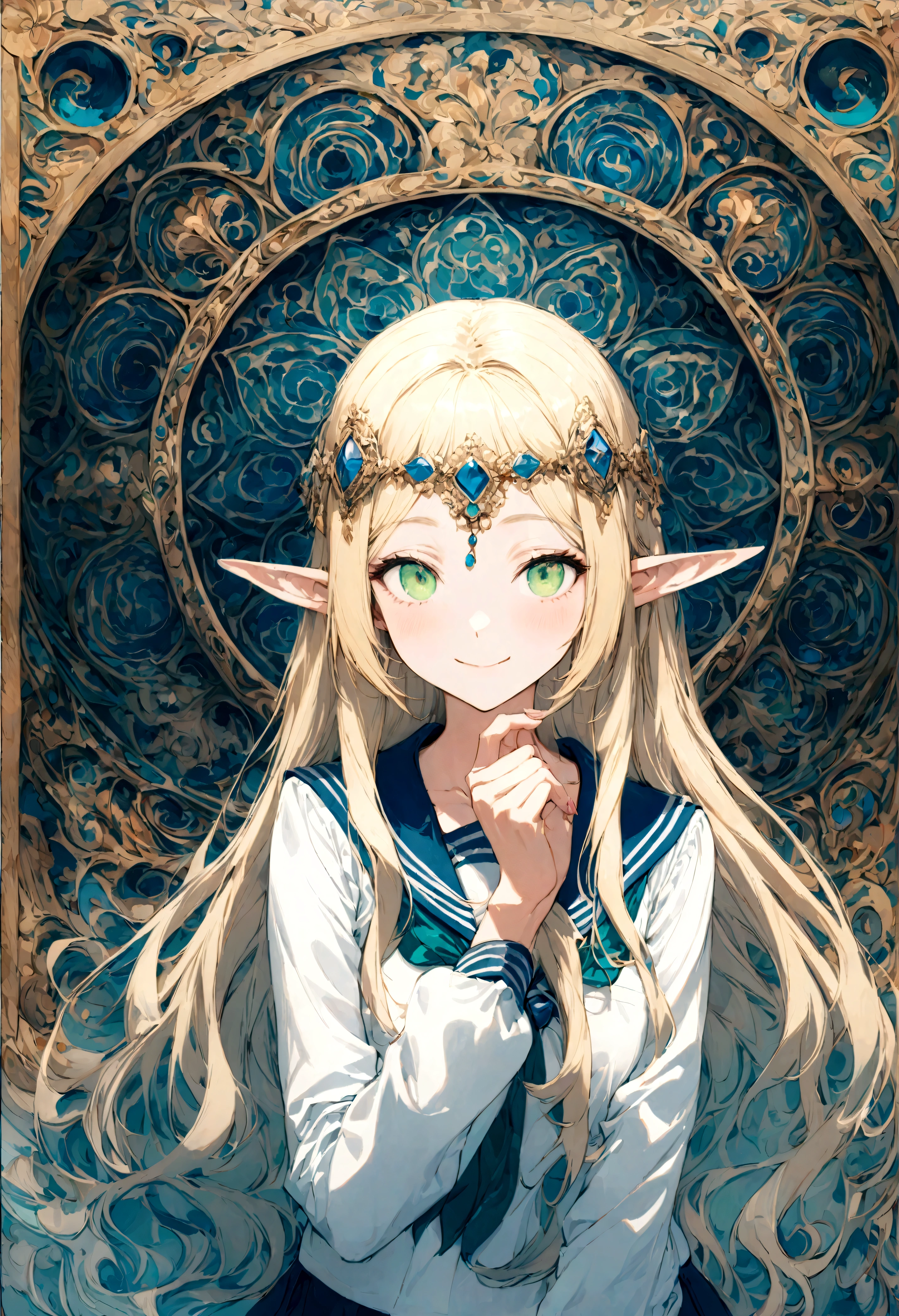 (best quality:1.0), (super fine:1.0), (16k:1.0), (incredibly absurdres:1.0), (extremely detailed:1.0), (delicate and dynamic:1.0),
(Deedlit:1.5), (elf:1.0), (Blond:1.0), (Long hair:1.0), (Green eyes:1.0), (Circlet:1.0), (Lovely smile:1.0), (Sailor Uniform:1.0),