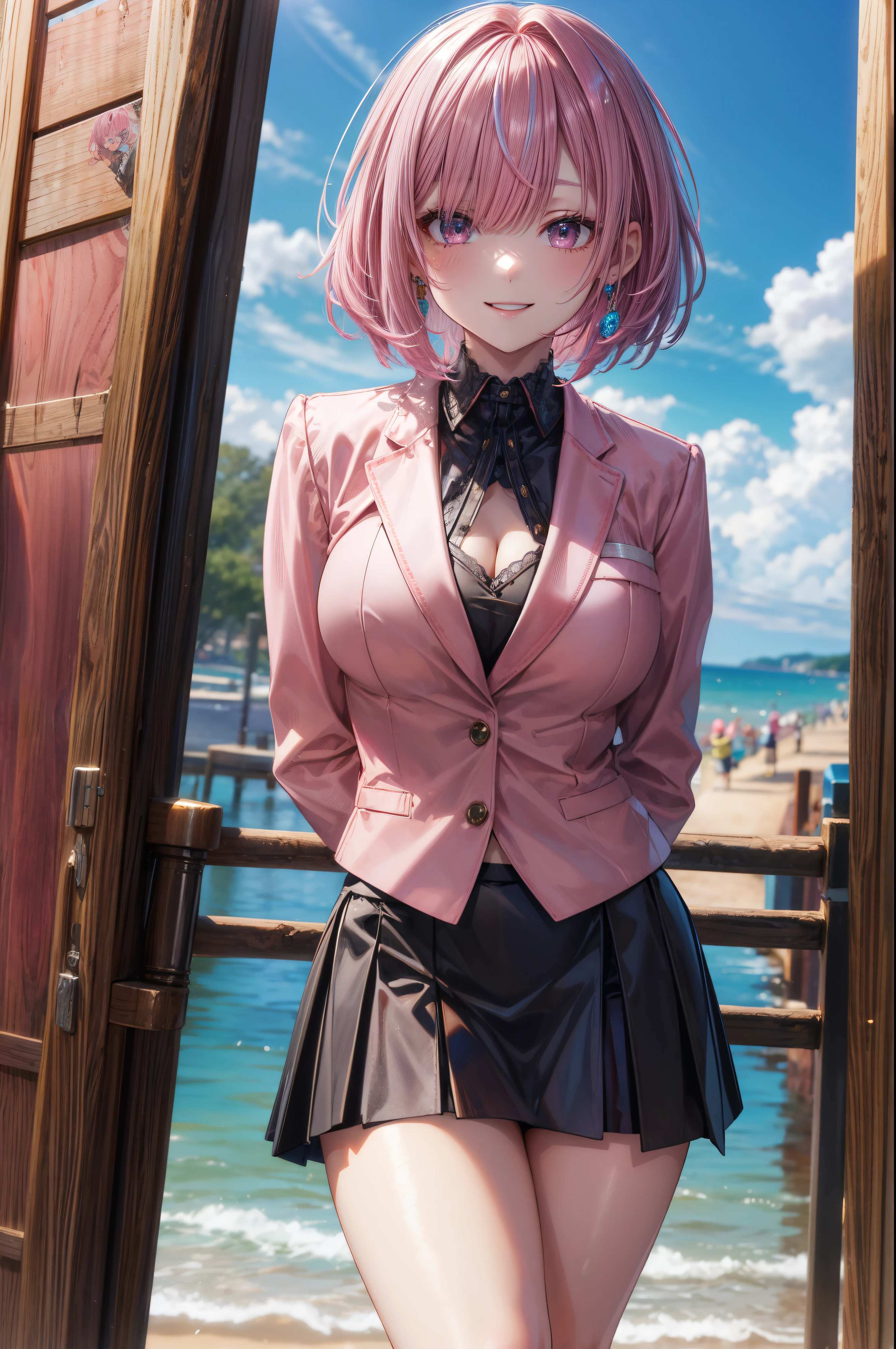 ((skirt suit:1.5)), ((black skirt)), break, 4 defined fingers, 1 defined thumb, looking at viewer, solo, 1 woman, 25 years old, AI generated, highest quality, masterpiece, skindentation, perfect face, 8k , cowboy shot, (short hair), (pink hair:1.5), bob cut, black eye, smile, thin thighs, medium breasts, perfect limbs, sexy, (visible nipples:0.7), (camel toe:0.5),, (Hands Behind Back), (bright seaside), standing, ((metallic costume)),