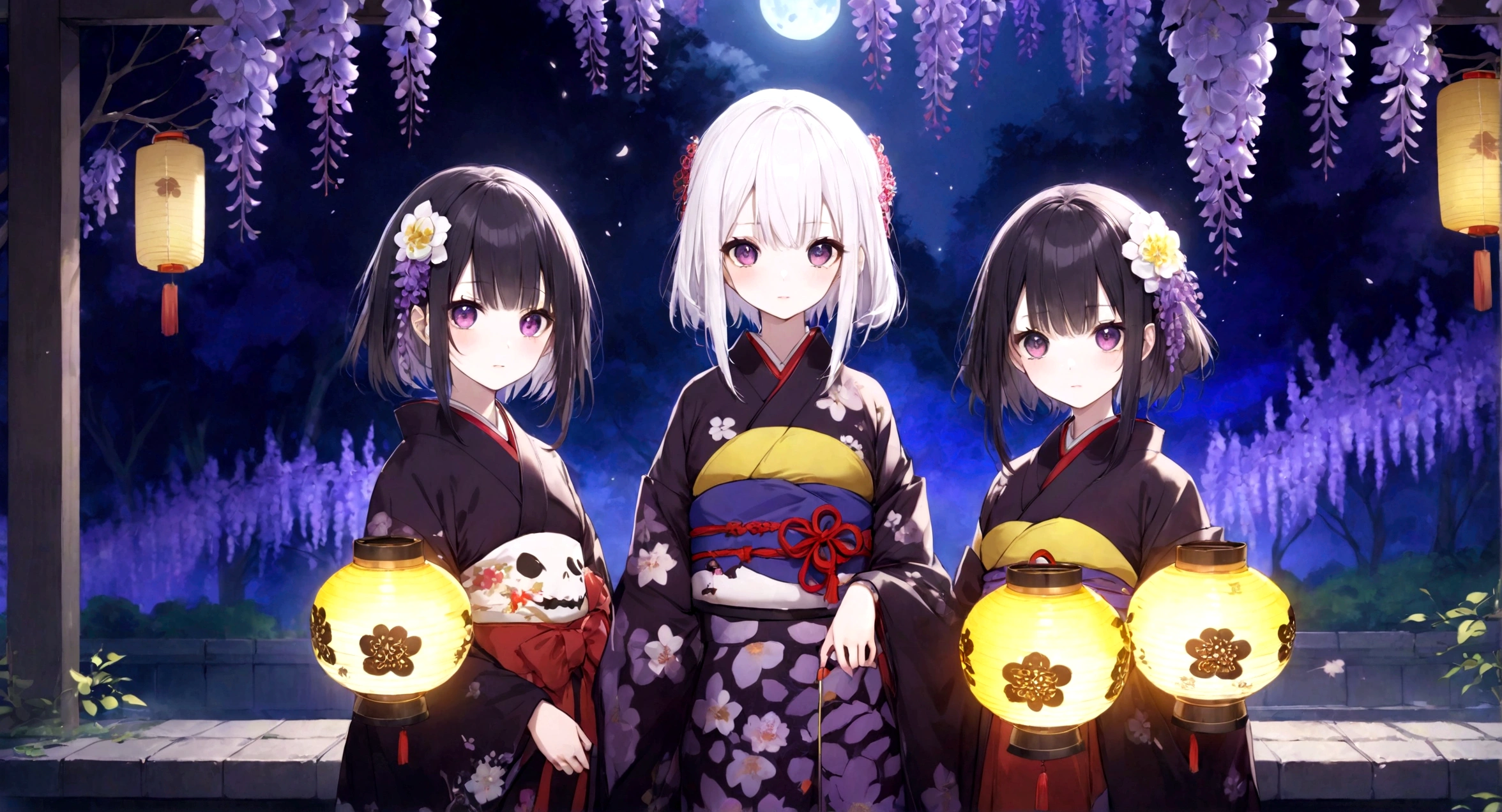 ((Masterpiece, top quality, high resolution)), ((highly detailed CG unified 8K wallpaper)), kimetu no yaiba, ubuyasiki, Spooky twins, girl with black hair and girl with white hair, dressed in Japanese kimono, Japanese lanterns, garden at night, wisteria flowers in background, staring with very wide eyes, faint smile, dark atmosphere,