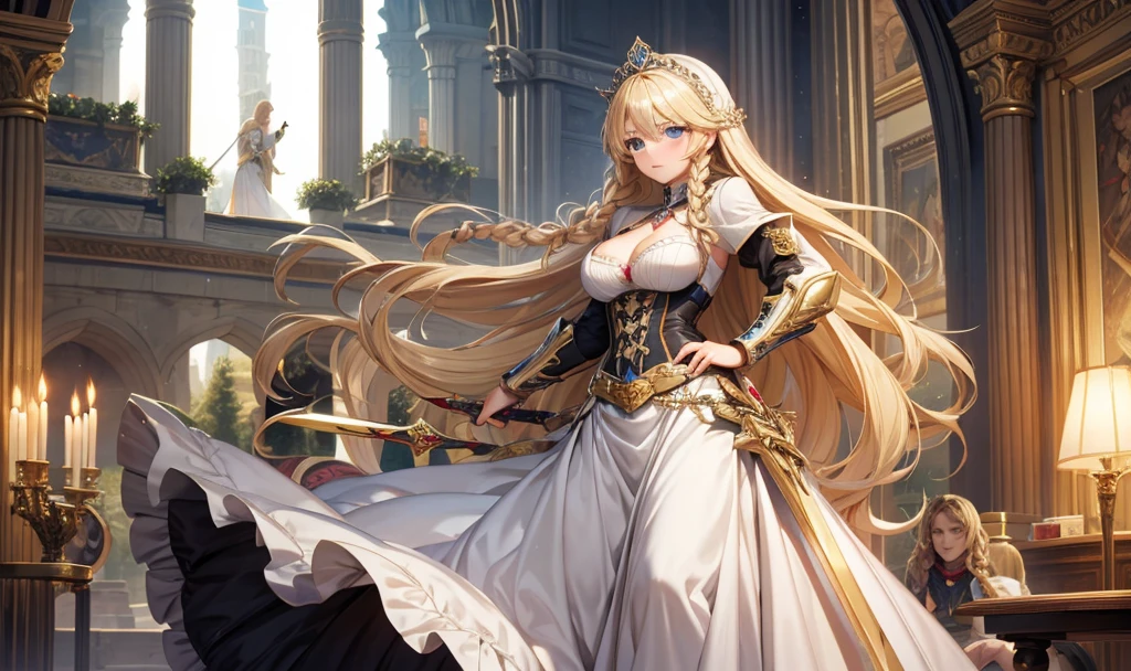 Long blond hair, Double braid, woman,dress, long skirt, cleavage,Hand guard,,Great Sword,Medieval European castles