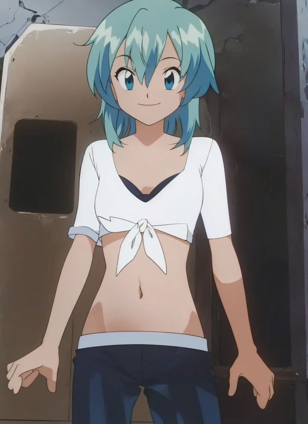 Same as original picture, blue green hair girl, belly button ,  white outfits , tied hem , smile 