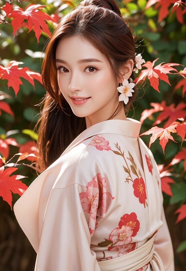 Reddish brown hair、female、ponytail、Well-proportioned face、The nose is high、Thin lips、smile、Mature atmosphere、Tall models、Age is in the early 30s、Pink floral kimono、White flower hair ornament on the side、Elegant pose、Background mainly featuring autumn leaves
