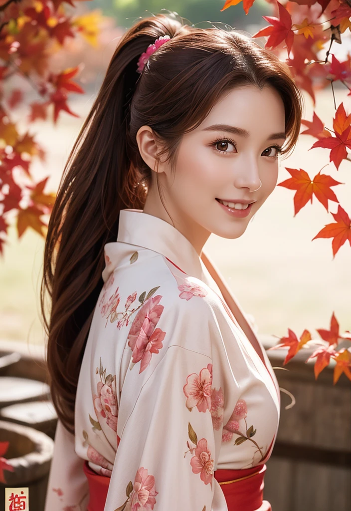 Reddish brown hair、female、ponytail、Well-proportioned face、The nose is high、Thin lips、smile、Mature atmosphere、Tall models、Age is in the early 30s、Pink floral kimono、White flower hair ornament on the side、Elegant pose、Background mainly featuring autumn leaves