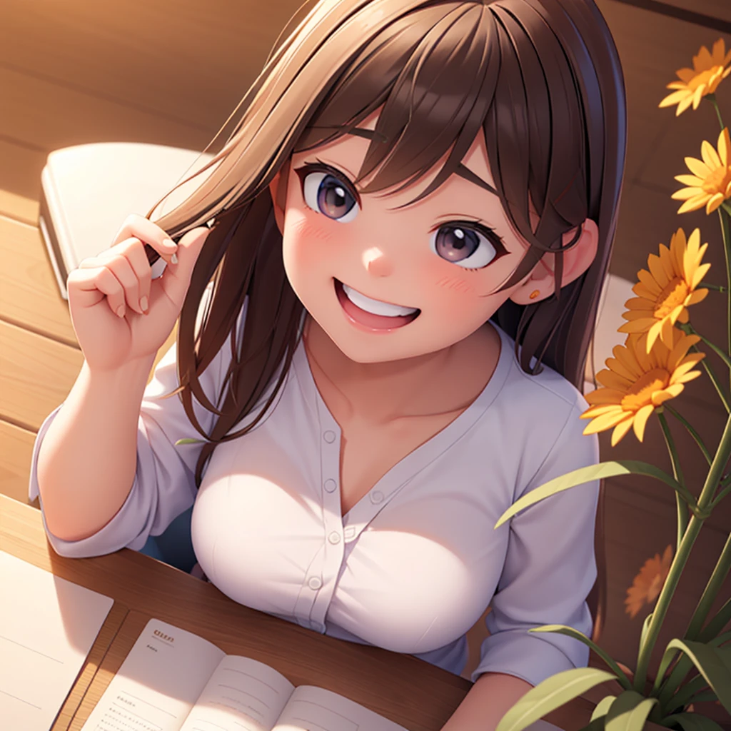 Photorealistic、Sit at a desk and enjoy studying with your friends、Laughing with your mouth open、Close-up of face、petal、season!!: summer☀ 🍂