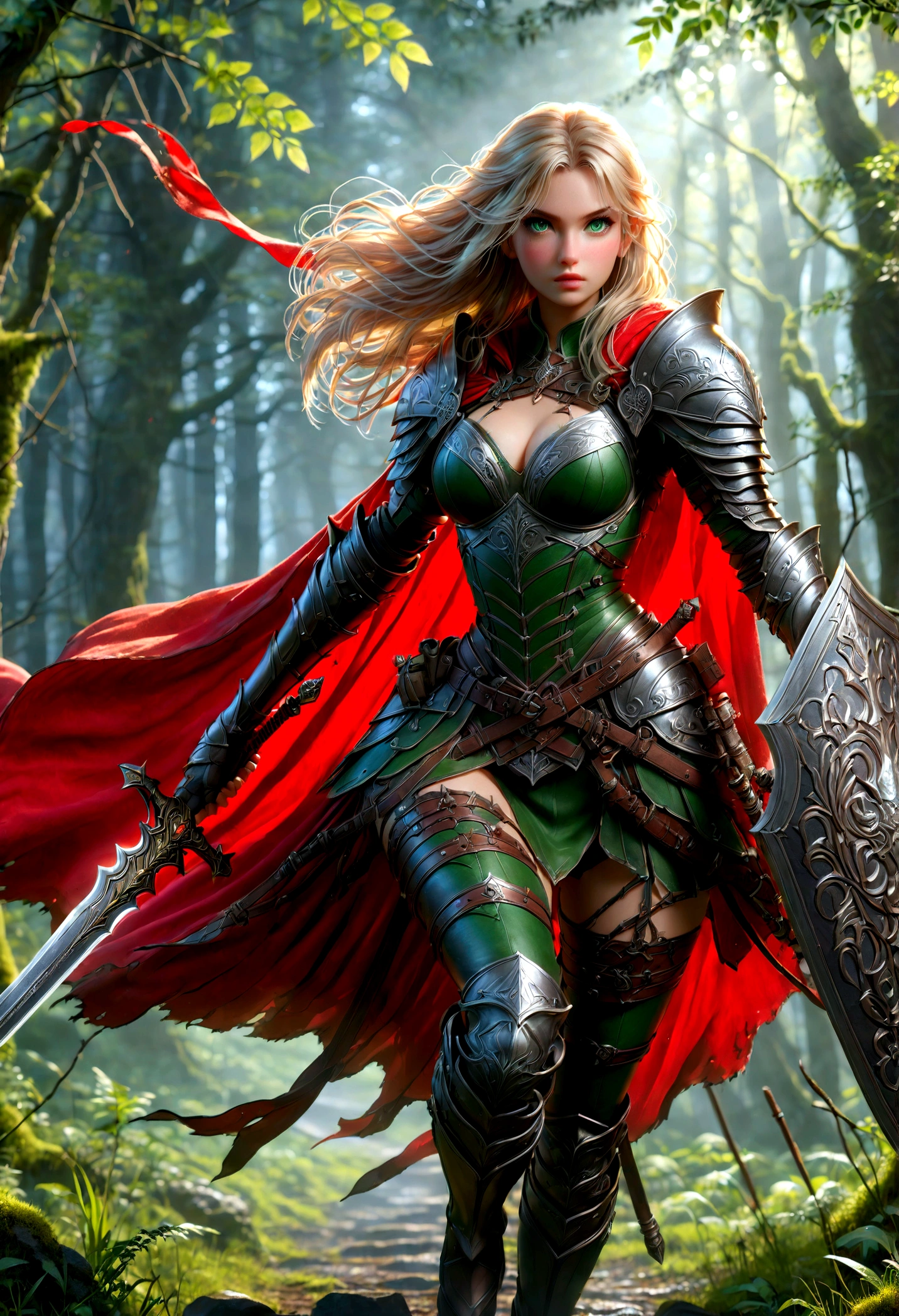 fantasy art, RPG art, Dark fantasy art, ultra wide shot, RAW, photorealistic, a picture of female human ranger, the ranger, an exquisite beautiful human woman, long blond hair, braided hair, green eyes, wearing leather armor, wearing (red cloak: 1.1), armed with a (sword: 1.3), wearing laced boots, standing in a dark forest at night, (mist rising from the grounds: 1.3), a sense of dread and fear, yet she stands defiant and fearless, dark fantasy forest background, best quality, 16k, [ultra detailed], masterpiece, best quality, (ultra detailed), full body, ultra wide shot, photorealism, Sword and shield