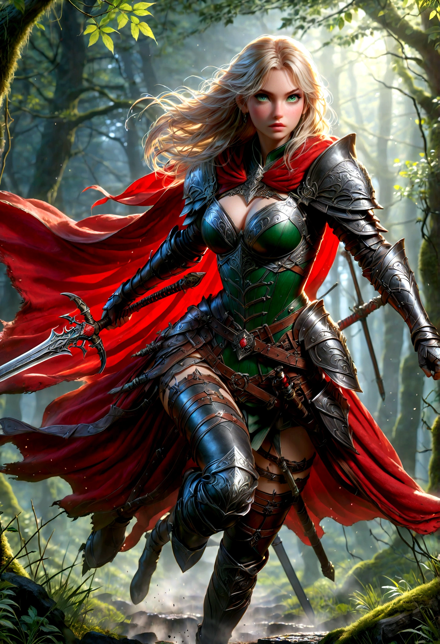 fantasy art, RPG art, Dark fantasy art, ultra wide shot, RAW, photorealistic, a picture of female human ranger, the ranger, an exquisite beautiful human woman, long blond hair, braided hair, green eyes, wearing leather armor, wearing (red cloak: 1.1), armed with a (sword: 1.3), wearing laced boots, standing in a dark forest at night, (mist rising from the grounds: 1.3), a sense of dread and fear, yet she stands defiant and fearless, dark fantasy forest background, best quality, 16k, [ultra detailed], masterpiece, best quality, (ultra detailed), full body, ultra wide shot, photorealism, Sword and shield