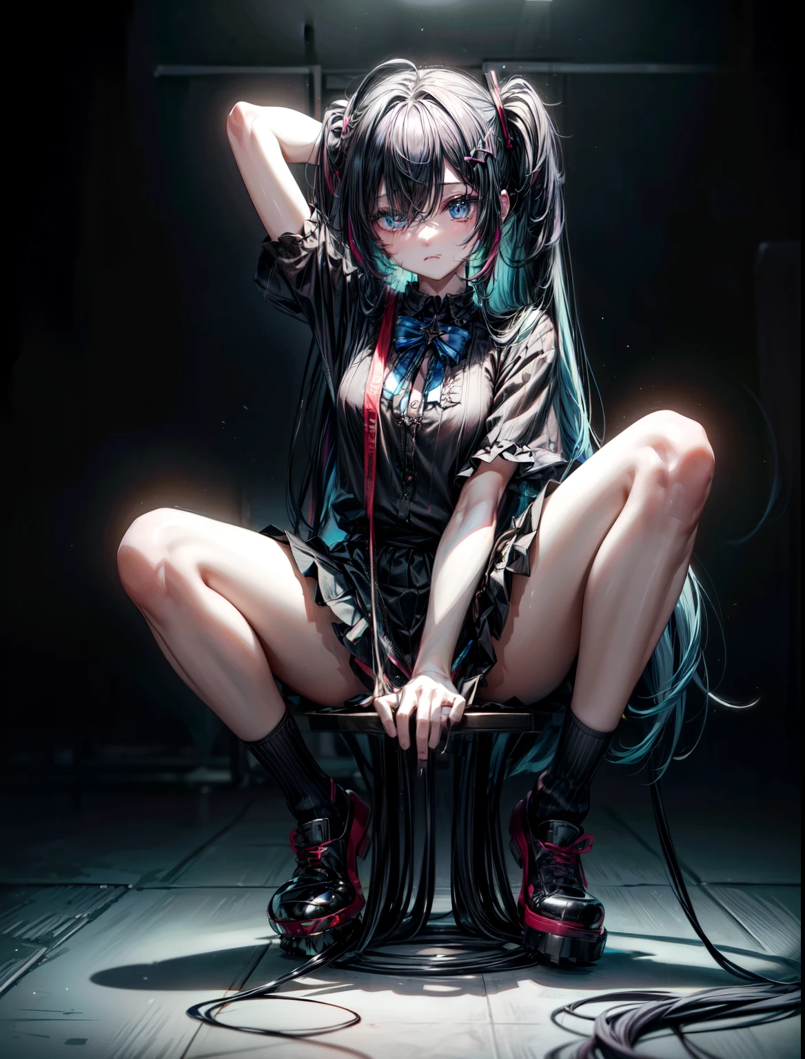 indoor、gamer、so stupid, cross-eyed、 masterpiece, highest quality, hair clip, heart,hair over one eye、sit、b leaning forward、hair above one eye, asymmetrical bangs,Standing picture、loose socks、Hatsune Miku、gradient color hair、tie hair、colorful hair、cross-eyed、messy hair、Blunt Bang Cut、pleated skirt、black shirt、striped hair、messy hair、Sloppy、cross-eyed、drunk、( fool / sexual ecstasy)、highest quality, realistic, Super delicate illustration, beautiful and charming anime girl, slender body, tied hair, one girl, girl pictures, full body shot, beautiful blue eyes,