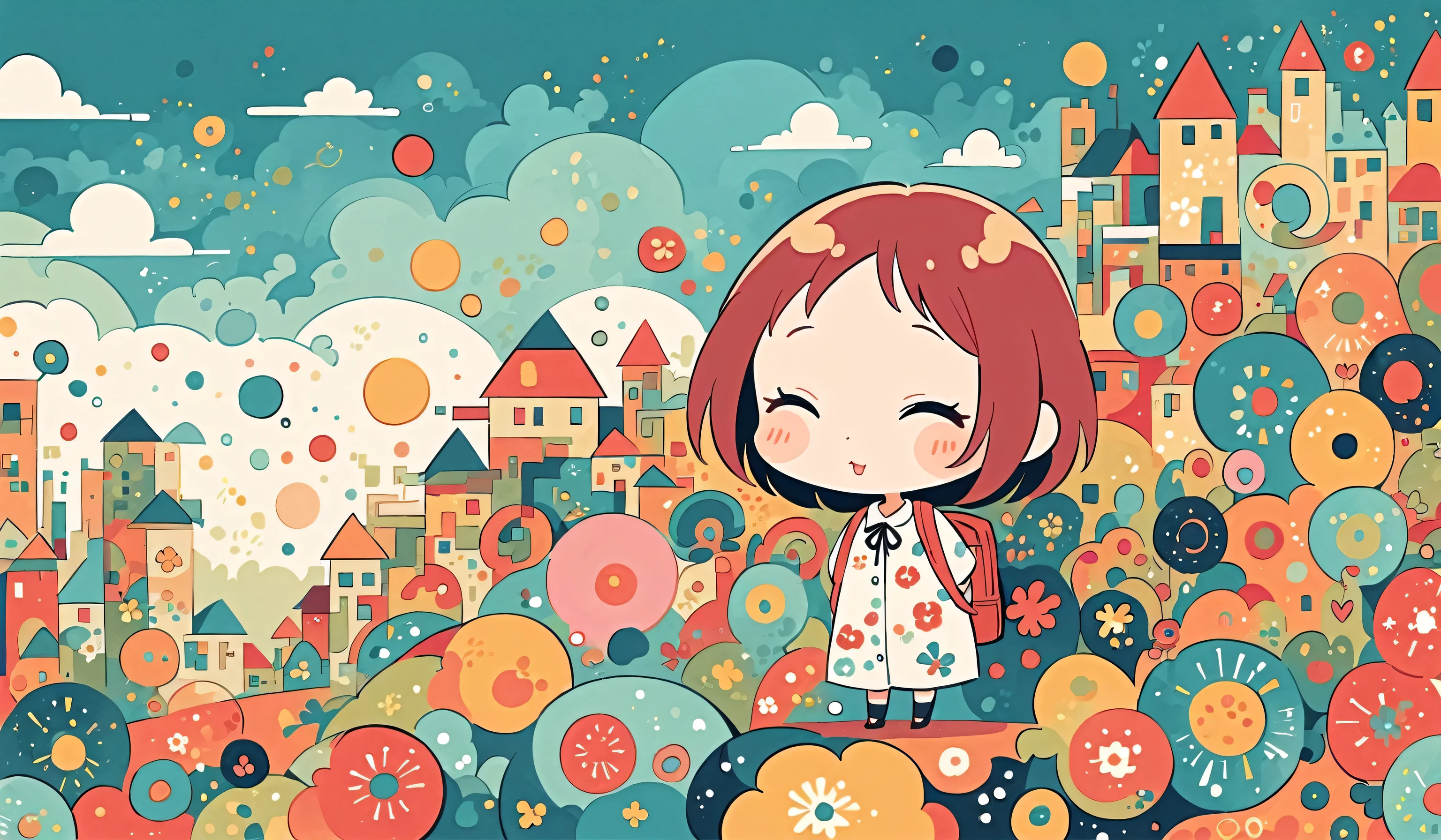 Hayao Miyazaki style, Standing in front of a high wall，Girl with backpack on rooftop，My backpack is full of happy spring，Simple Line Initialism，Abstract art，Urban Background, (((The most beautiful girl))), (((chibi)))