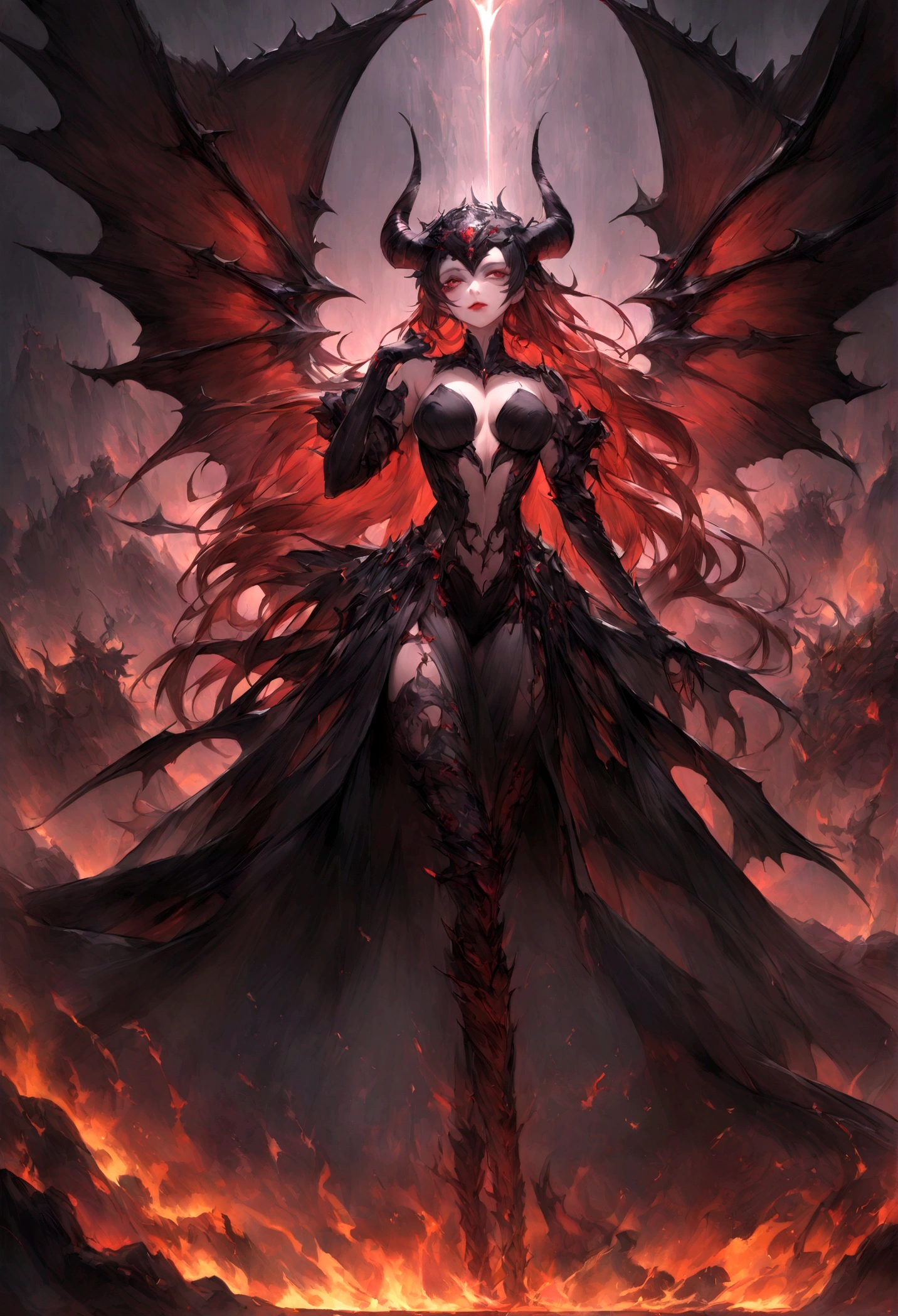 n oil painting, Coming down from the sky, A breathtaking masterpiece, Vivid, Caravaggio, 8K,angelicales,Lots of people,Fallen Angel,Duel Night Battle Angel vs Human Many People,9 people prompt:「A surreal cinematic depiction of Astaroth, a powerful demon and princess of Hell, in all her enchanting yet terrifying glory.。」
she、Flawless porcelain skin、Plump red lips、And the flames of hell smolder with their sharp eyes、She should appear as an unearthly beauty.。Her appearance is、alluding to her demonic nature、It should have a subtle, impersonal edge.。
Her hair is long、In shiny black、It should be swaying as if blown by an invisible wind.。In her head、Polished and bent to a wicked point、雄羊や山羊のhornのような装飾的なhornが飾られているはずです。
Her body is voluptuous yet firm.、The muscles should be well defined, like a predator.。Instead of feet、鋭い黒いnailの先を持つ獣のような趾行脚が必要です。
Her body is not her clothes、It is partially covered by a segmented carapace made of crimson and black chitinous plates similar to an insect's exoskeleton.、There should be some exposed skin。
From her back、When unfolded it reaches at least 20 feet.、It has large leathery wings like a bat.、It gives her an aura of wicked dignity.。
In the background、There are towering rocks and rivers of lava.、It should depict a pit of burning sulfur, a hellish hell itself.。In the background、Little Ghost、Tormented Soul、You will see other demonic figures being tormented.。
With dramatic lighting from fire and lava、A deep and sinister shadow falls over her figure.、It emphasizes her inhuman charm and power.。The overall atmosphere is、It will be a combination of smoldering temptation and evil intent that will end the pure world.。
This detailed prompt is available in the、It covers all the fascinating and terrifying aspects of Astaroth.。Its mysterious, devilish beauty、horn、nail、Insect-like shell、Giant bat wings、And a hellish background。Photorealism、Dramatic lighting and shadows、and emphasizes the atmosphere of smoldering temptation mixed with world-ending malice.