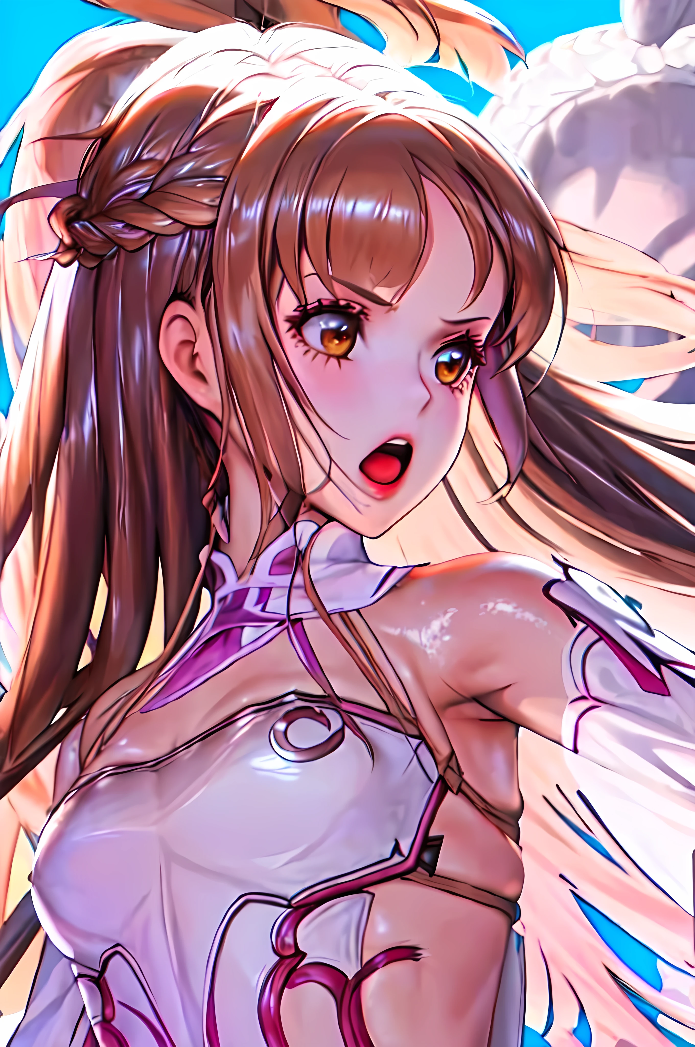 1girl, armor, armpits, asuna \(sao\), bangs, bare shoulders, blue background, braid, plate, brown eyes, brown hair, detached sleeves, dress, fantasy, floating hair, french braid, hyulla, long hair, looking away, looking to the side, medium breast mouth, shiny, shiny hair, solo, teeth, upper body, upper teeth only, very long hair, white dress