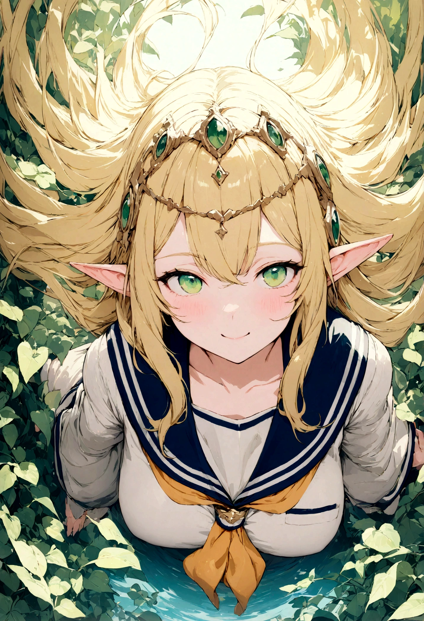 (best quality:1.0), (super fine:1.0), (16k:1.0), (incredibly absurdres:1.0), (extremely detailed:1.0), (delicate and dynamic:1.0),
(Deedlit:1.5), (cute and beautiful pretty elf:1.0), (Blond:1.0), (Long hair:1.0), (Green eyes:1.0), (Circlet:1.0), (Lovely smile:1.0), (Sailor Uniform:1.0),