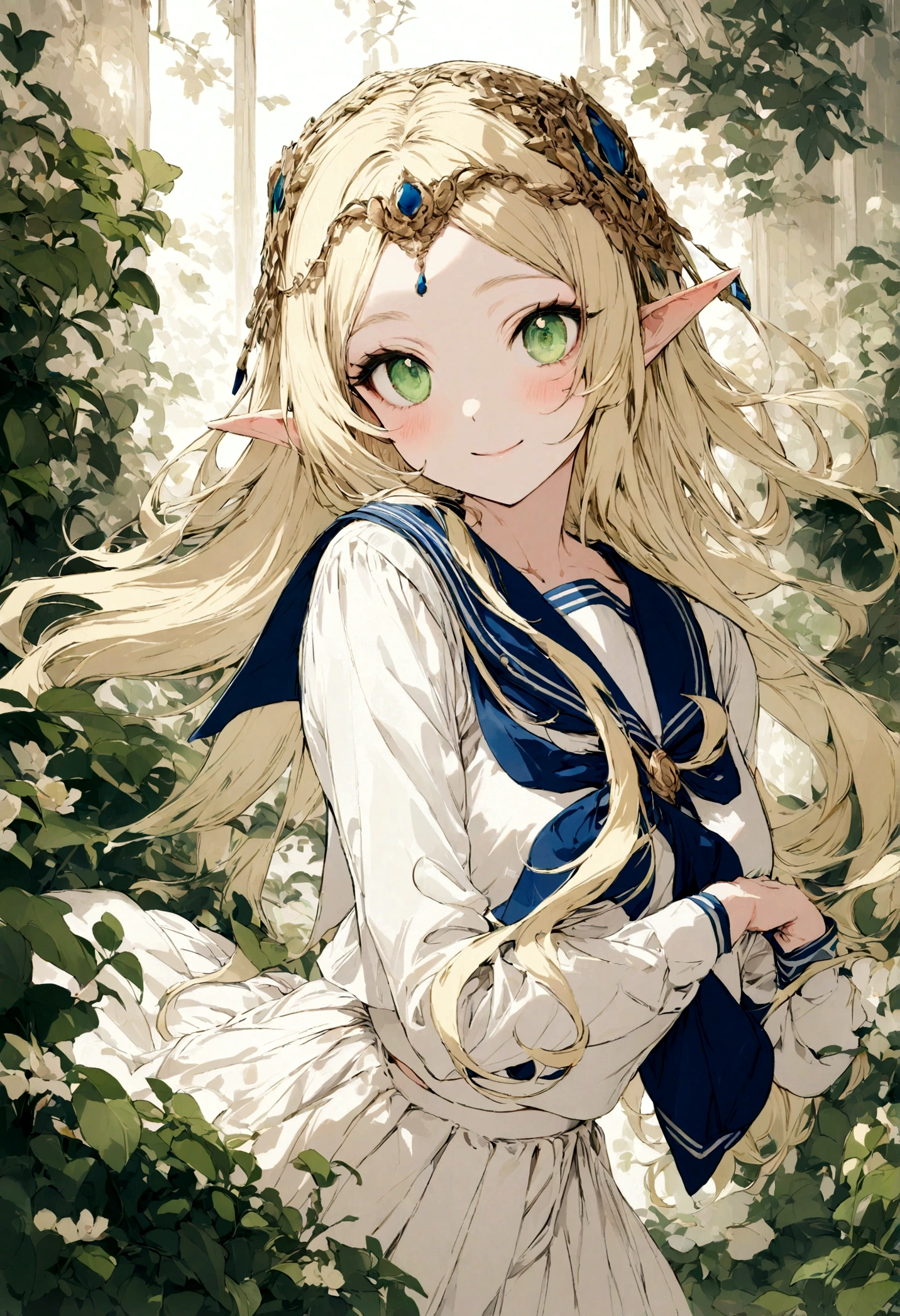 (best quality:1.0), (super fine:1.0), (16k:1.0), (incredibly absurdres:1.0), (extremely detailed:1.0), (delicate and dynamic:1.0), 
(Deedlit:1.5), (cute and beautiful pretty elf:1.0), (Blond:1.0), (Long hair:1.0), (Green eyes:1.0), (Circlet:1.0), (Lovely smile:1.0), (Sailor Uniform:1.0), 
