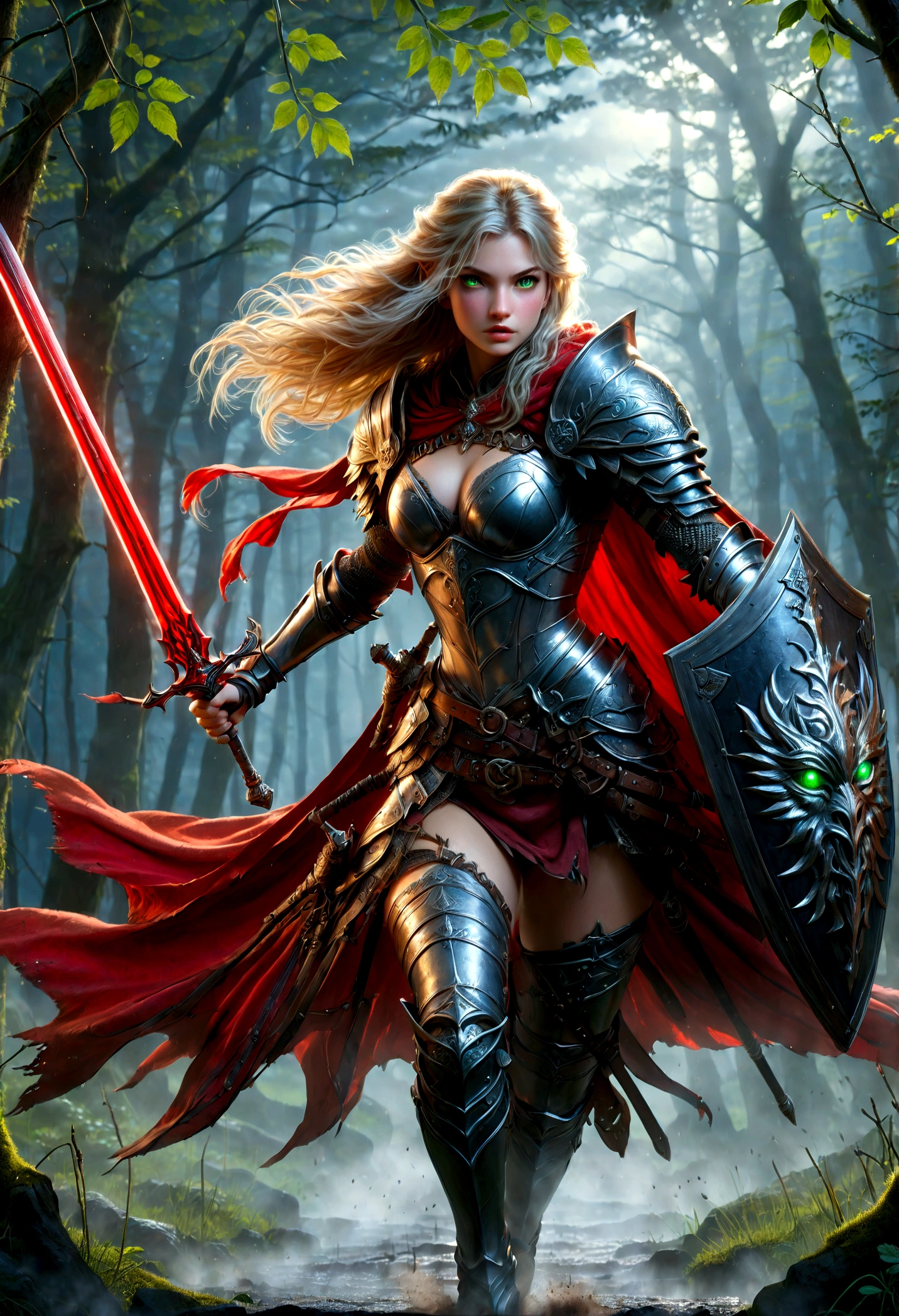 fantasy art, RPG art, Dark fantasy art, ultra wide shot, RAW, photorealistic, a picture of female human ranger, the ranger, an exquisite beautiful human woman, long blond hair, braided hair, green eyes, wearing leather armor, wearing (red cloak: 1.1), armed with a (sword: 1.3), wearing laced boots, standing in a dark forest at night, (mist rising from the grounds: 1.3), a sense of dread and fear, yet she stands defiant and fearless, there is a (wolf: 1.2) companion standing by, guarding her, protecting her,  dark fantasy forest background, best quality, 16k, [ultra detailed], masterpiece, best quality, (ultra detailed), full body, ultra wide shot, photorealism, Sword and shield