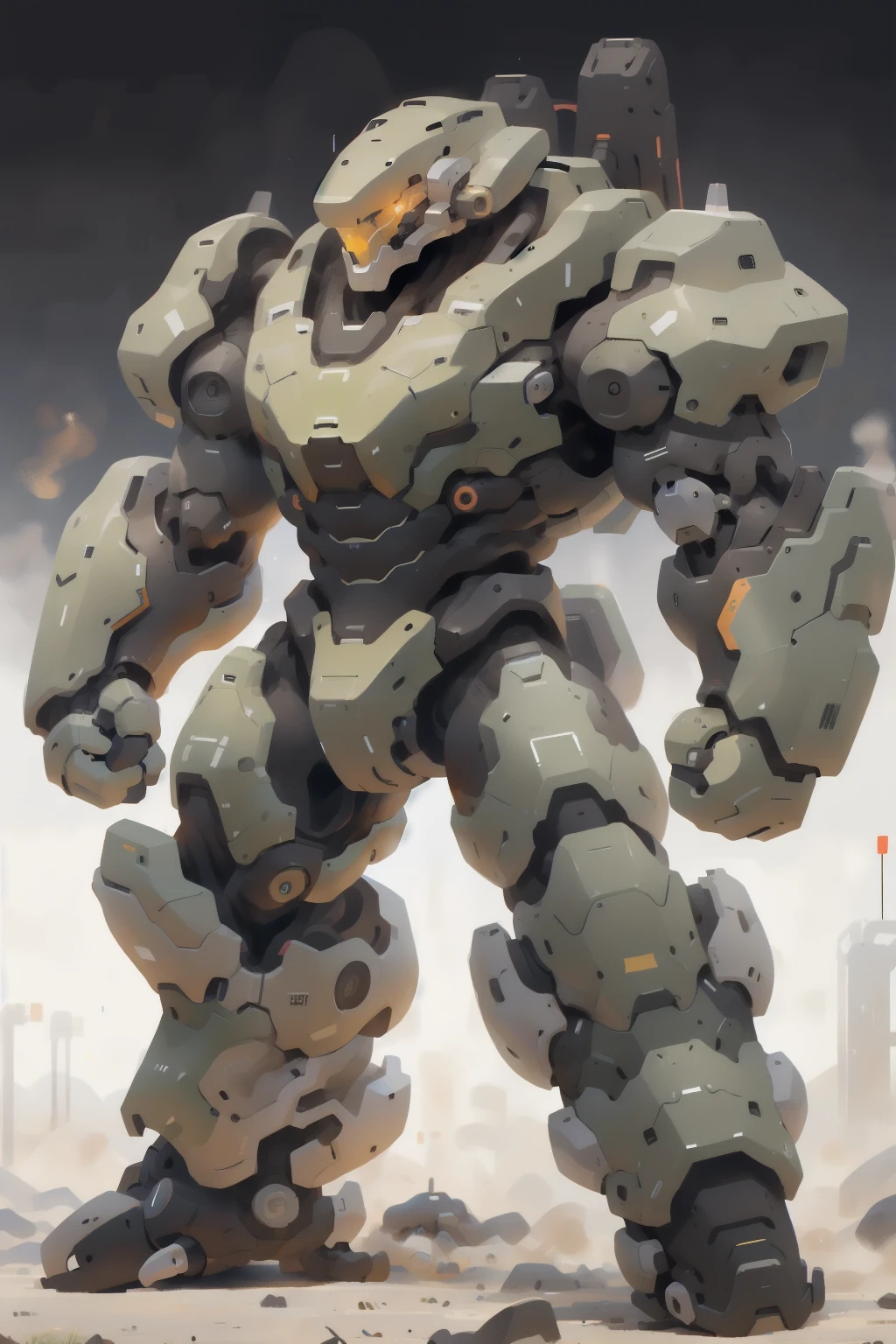 ((best quality)),((masterpiece)),((High resolution)),((detailed)) , Strong, 巨型White机甲, On the dust, Fist of the Titan，Giant Punch，Factory Background，((whole body))，Heavy gunner，pile driver，（（assembled）），（（Robotic Arm））, White，design diagram，sketch