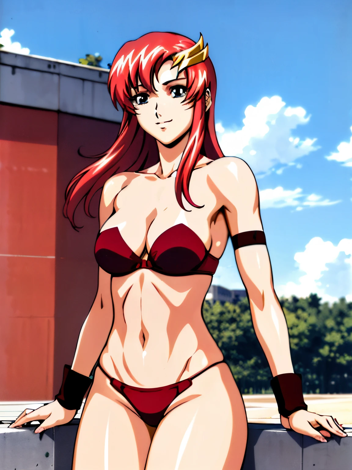 lacus4, (red bikini, running, mini thong, thin girl, masterpiece, cowboy shot, very slim shoulders, 4K, Best Quality, Anime style: 1.9, happy, Adult Woman, (ultra detailed head, ultra detailed head), (Crowd, cloud background), Drawing lines, high resolution, lacus4), 1girl, Solo, curvy figure, clavicle, scapular, (Detailed wide hair bangs, Hair Ornament, Detailed reddish-pink hair, shiny streaks, slim arms, detailed golden crest), cleavage, large hands, (hair cover shoulders). (Big blue eyes, shiny eyes), ((female wrestler, (slim body), slim arms, SITTING on wall , thighs)), ((perfect proportions, medium-small breasts, medium thighs, long belly)), ((totally strapless red bra, strapless, red arm band, red arm band)), smile with a wink, (standing, hot colors), detailed fingers, (bare shoulders)