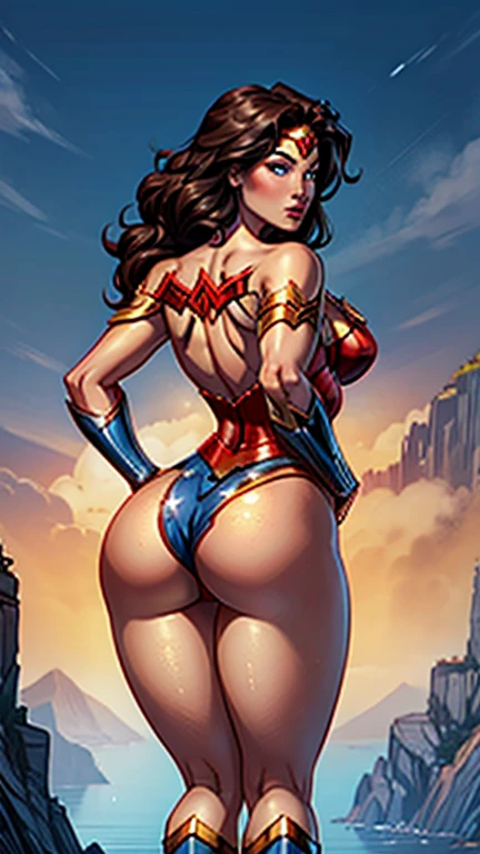 Masterpiece,(wonder woman), detailed blue eyes, detailed lips, detailed nose,, detailed hands, tight round ass, From behind, Wonder Woman stands tall with her feet shoulder-width apart. Her hands rest confidently on her hips, and her long, dark hair cascades down her back, reaching just above her waist. Her red, white, and blue costume is visible, with the golden lasso clipped to her side.