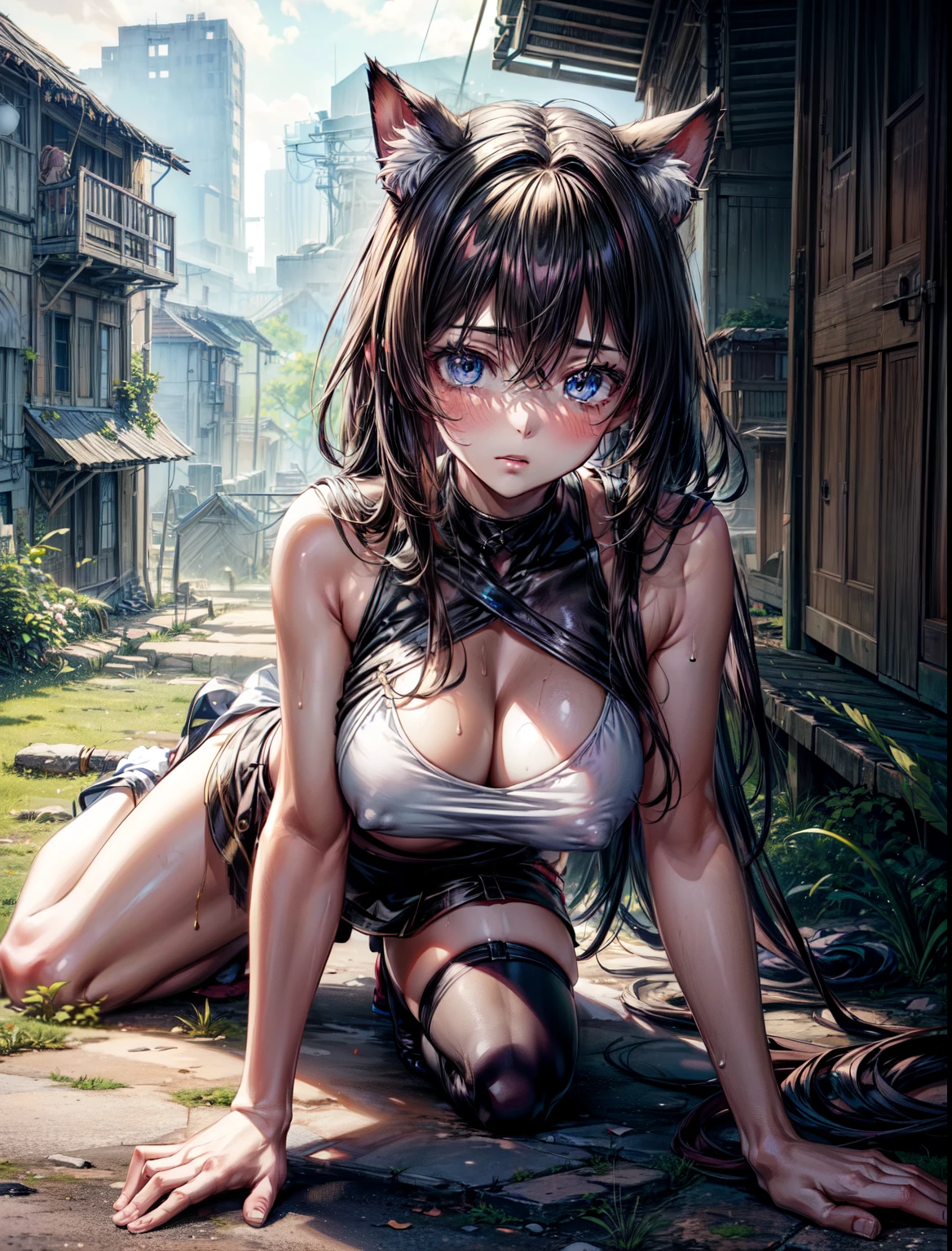 ((Masterpiece)), (Anime:1.5), ((best quality)), (RAW photo:1.2), (High Definition:1.3), (Professional Photography:1.2), (glowing light), 1girl, (()), from above, wide shot, cinematic lighting, Textured skin, (unruly hair), medium hair, Cat ears, Pale brown hair, slightly Exposed nipples, Tattered, torn camisole, (white camisole), perfect body, big breasts, sitting on the ground, Sweaty skin, (reaching out hand), blush, Tired face, Cat ears, Cute Beautiful Girl, BREAK, ((best quality)), sitting on the ground, Ruins covered with vegetation, see the slums in the distance
