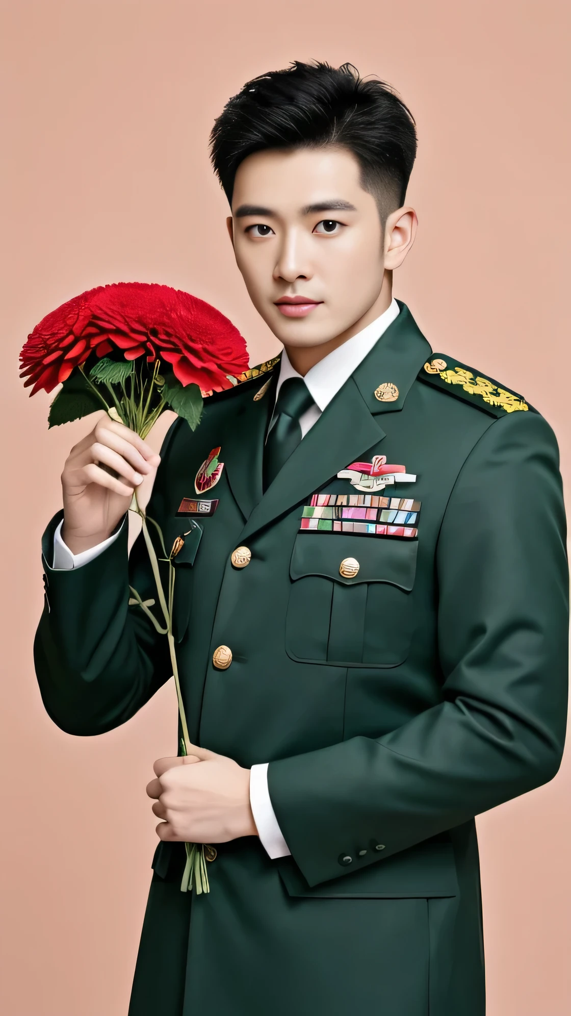 8k,（masterpiece）,Best quality,2d,Asian men,Wearing embroidered guards,Wearing military uniform,yanjun chengt,Wearing a full set of army green,officer,Unified background,Wearing a general's uniform,Topless photos,Holding carnation flowers,,Holding a big pink flower,Holding big pink flowers,Muscle Man，Handsome hairstyle，Simple background，
