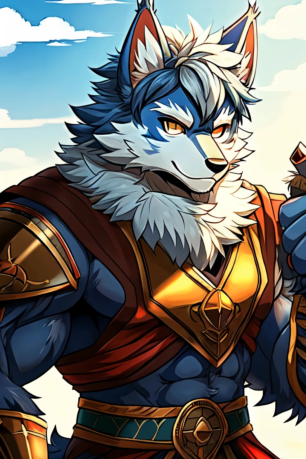 hairy,fur, pure, anthropology, male, Hand-drawn，the strong，Solitary，armor，fur, There are eyelids，RPG background，Blue-white hair，Werewolf，Short hair，Japanese Anime，Muscle lines，warrioerce，Shorter ears，Gentle，sunny，General