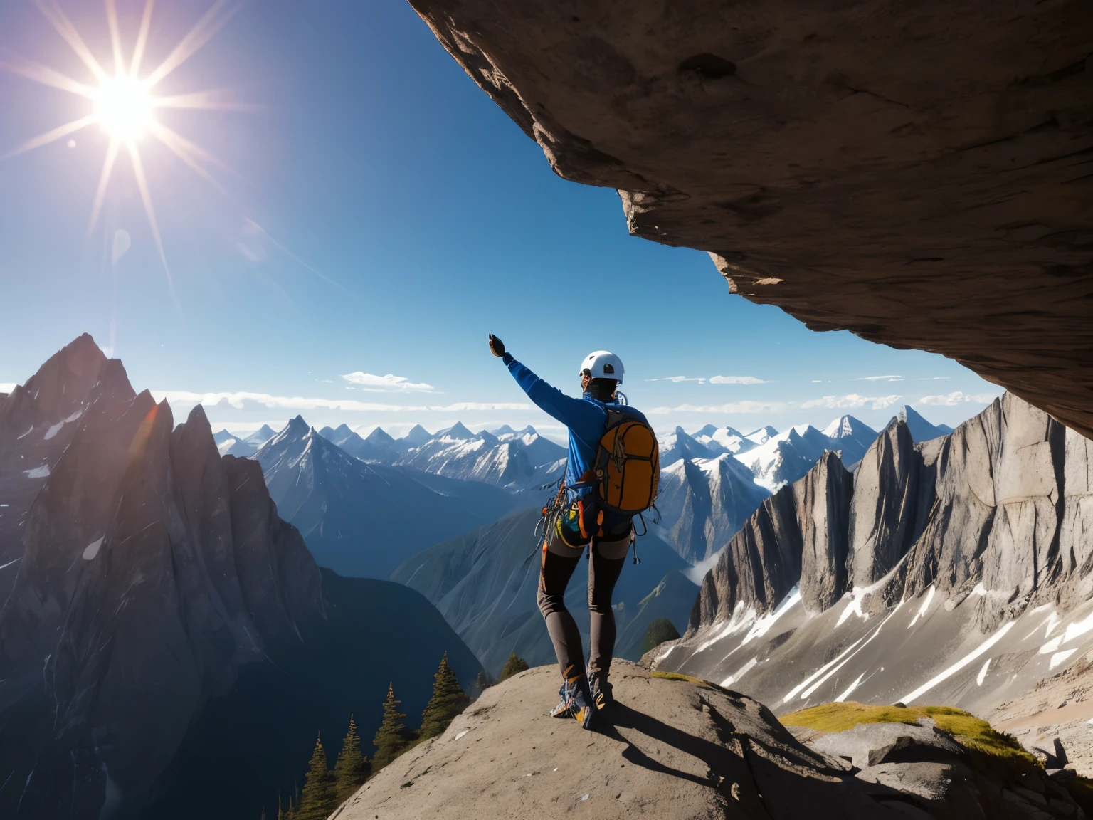 a climber,Overlooking,magnificent mountains,sun