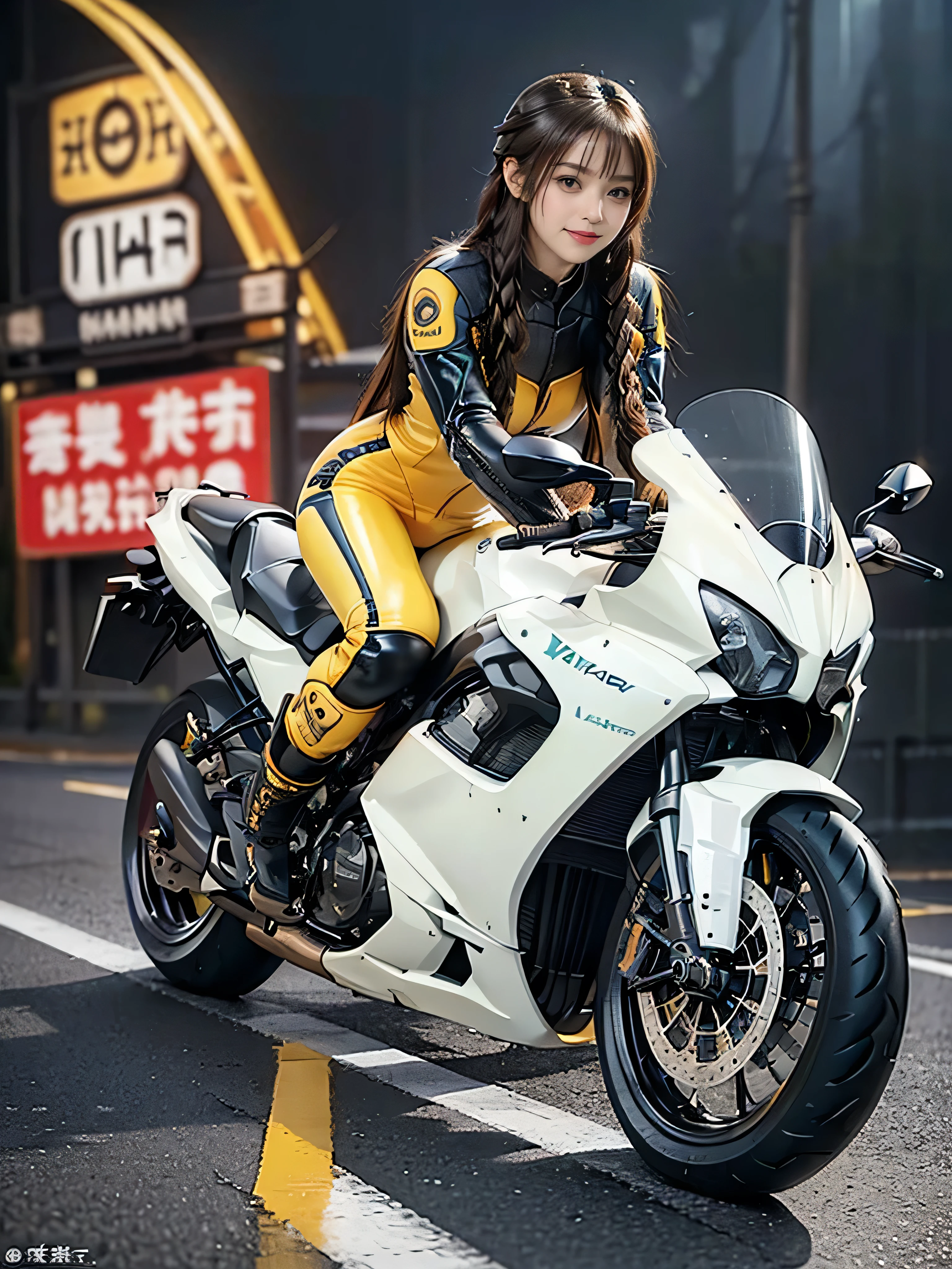 (Realistic:1.5), (Realistic:1.4), 8k, Ultra-high-definition beauty 1 person, Intricate body details, (highest quality: 1.0), (Super sharpness: 1.0), (Thin Hair:1.4),(Beautiful and delicate depiction of eyes),((((Riding on motorcycle)))),Unreal Engine:1.4,photoRealistic:1.4, Skin Texture:1.4, masterpiece:1.8,highest quality at best, ((Full Body Shot))、(((yellow rider suit, Long leather pants and racing boots)))、Long limbs、smile、((Braided hair))