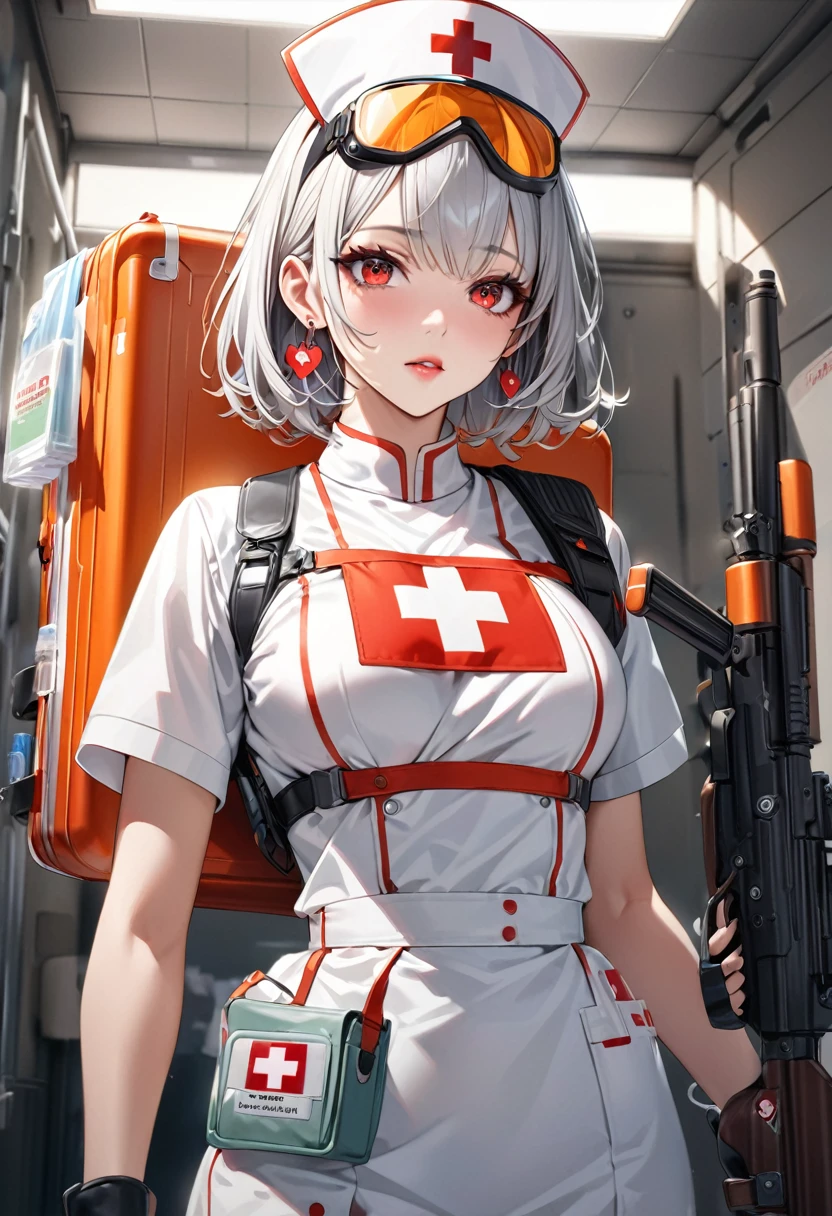 (Perfect Anatomy)、Mastepiece、Ultra High Quality、 8K、Photorealistic、masterpiece、highest quality、Ultra-high resolution、Maximum resolution、Very detailed、Professional Lighting、anime、Adult female、thin、so beautiful、Highly detailed eye、Draw the whole body、Nurse uniform、Has a submachine gun、Red Eye、Silver Hair、short hair、Earrings、Fingerless gloves、Beautiful Eyes、Gloss Lip、Tactical Boots、Equipped with transparent orange shooting goggles、Equipped with a chest rig、Carry a first aid kit、Health Corps、During treatment、Panic face