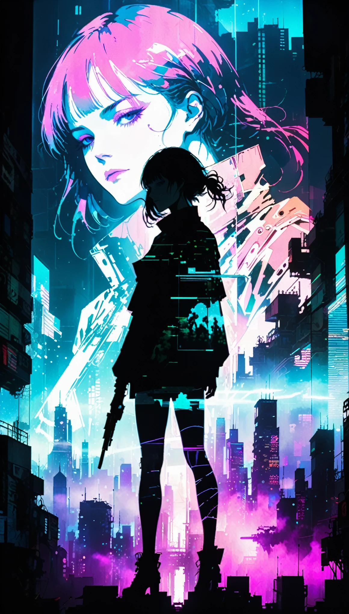 in style of Harry Clarke,(in style of Ashley Wood:1.4),
(double exposure:1.6),1 huge silhouette of a girl and eerie projection of a battle city,thrilling footage exposed,cyberpunk vaporwave,holographic projection,(posing，Dynamic Action:1.23),
