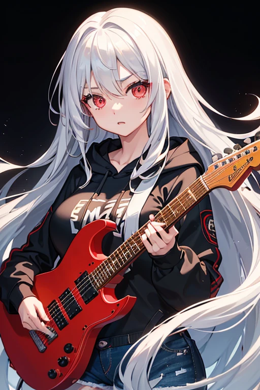 background through, long hair、 straight hair、 silver hair girl, ruby eyes、 Super high quality, 8K、Upper body、 black background、 Band vocals、 (black hoodie)、 ((big tits)), ((((Young face)))), ((Red Electric Guitar)), denim shorts, (shoot from above),(((expressionless)))