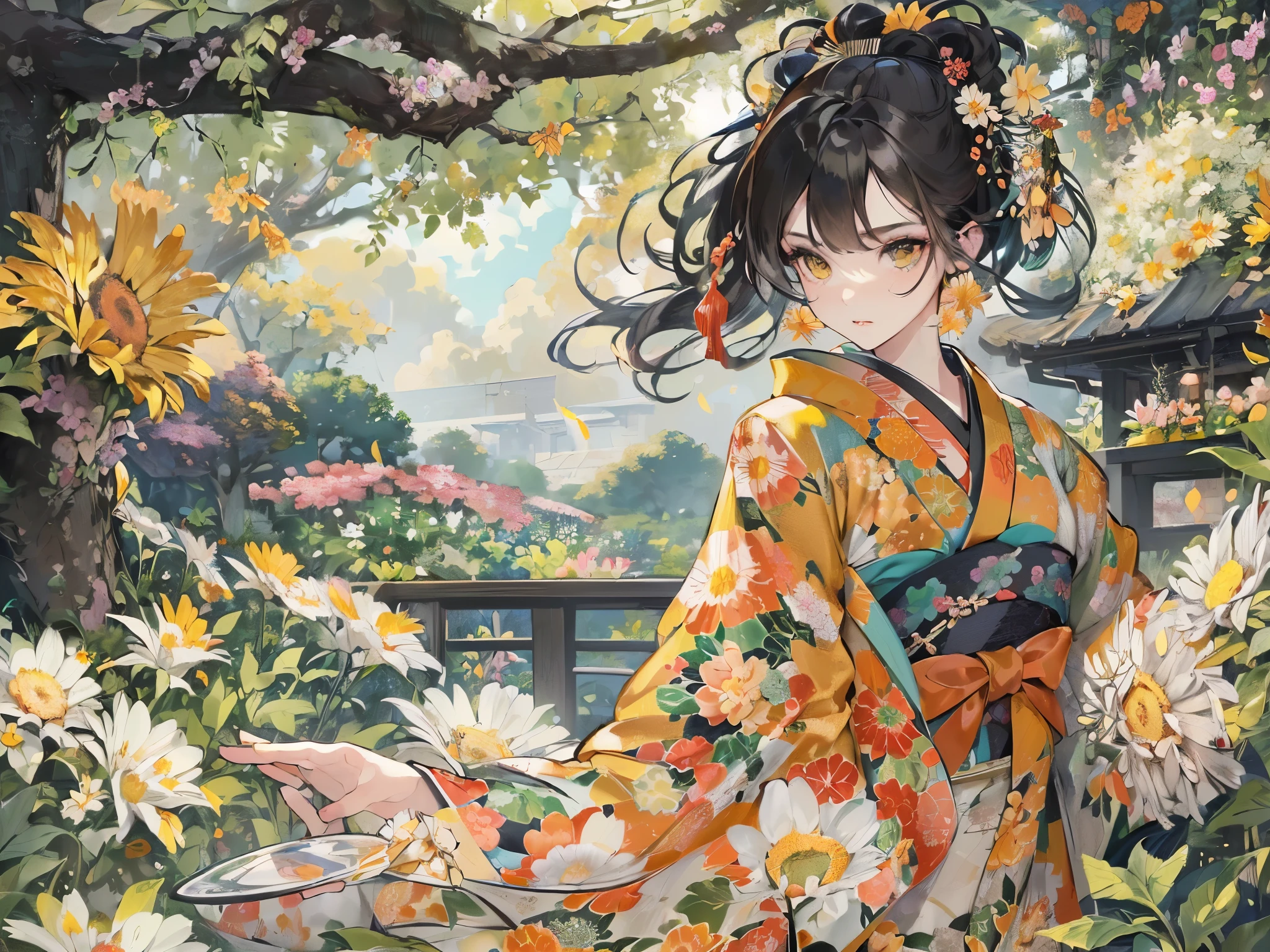 ((highest quality)),(Ultra-high resolution),(Very detailed),(Detailed Description),((The best CG)),(A masterpiece),Ultra-detailed art,Amazing drawing art,(Art with precise detail:1.5), (A long-sleeved kimono with a vibrant floral pattern and detailed depictions:1.5),(Beautiful and well-proportioned face:1.3),(Glossy black hair tied up:1.4), (garden:1.8), (sunny:1.8)