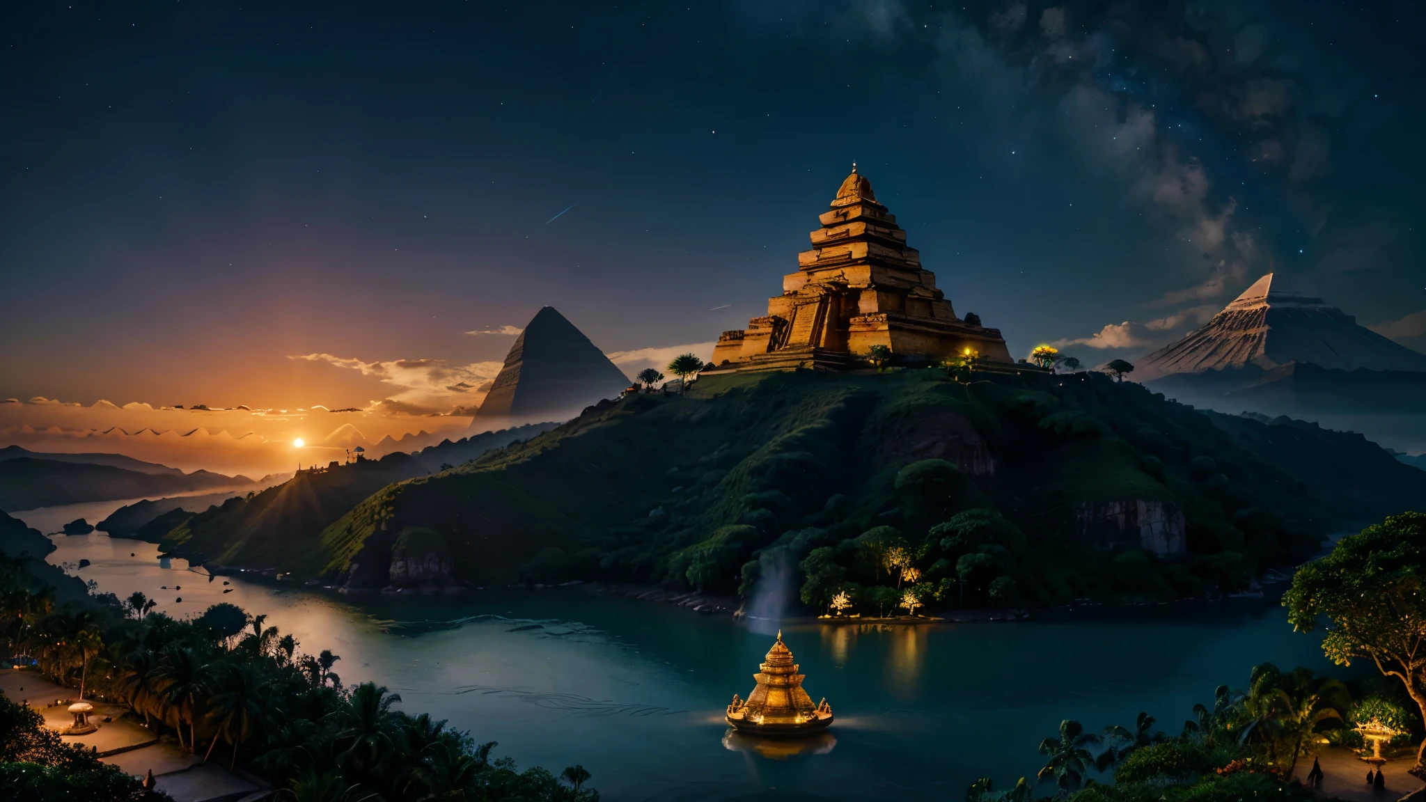 A hyper-realistic DSLR photograph of a Hindu vimana sentient spaceship floating in front of a lush, jungle-covered mountain paradise island in the middle of the sea, with a neon-lit jungle with glowing flora and fauna, where the trees are circuit boards and the rivers flow with liquid light into the sea. The vimana is using lasers to carve an extremely detailed temple that combines Hindu, Egyptian, Aztec, Mayan, Incan, and Atlantean styles with an alien touch into the mountain. The temple features a gigantic central statue resembling an alien Shiva-Buddha with multiple arms, similar to Avalokiteshvara. In the background, there's an epic sunrise with vibrant colors illuminating the scene. The image should have realistic lighting, textures, and depth, making it appear indistinguishable from an actual photograph taken with a high-end camera, cinematic, ominous, awe inspiring