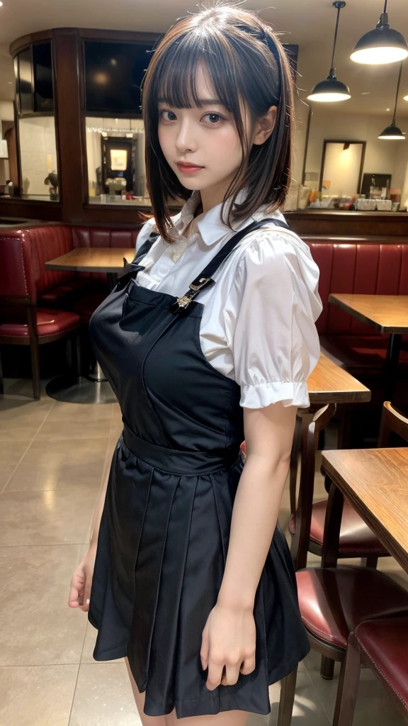 masterpiece, best quality, illustration, Super detailed, fine details, High resolution, 8K,wall paper, perfect dynamic composition,(Details High quality, realistic depiction of eyes:1.3), from side, standing,waitress uniform, restaurant, large breasts, (very heavy chest), short bob hair、black hair color, Big Natural Color Lip, (perfect body shape), crying a little、cold gaze, Harajuku style、20 year old girl、cute type、lolita、beautiful legs, focus on crotch, full body photo, gravure idol