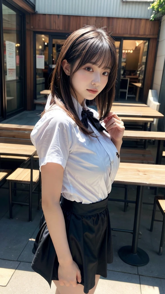 masterpiece, best quality, illustration, Super detailed, fine details, High resolution, 8K,wall paper, perfect dynamic composition,(Details High quality, realistic depiction of eyes:1.3), from side, standing,waitress uniform, restaurant, ?????????????, (very heavy ?????), short bob hair、black hair color, Big Natural Color Lip, (perfect body shape), crying a little、cold gaze, Harajuku style、20 year old girl、cute type、lolita、beautiful legs, focus on ??????, full body photo, gravure idol