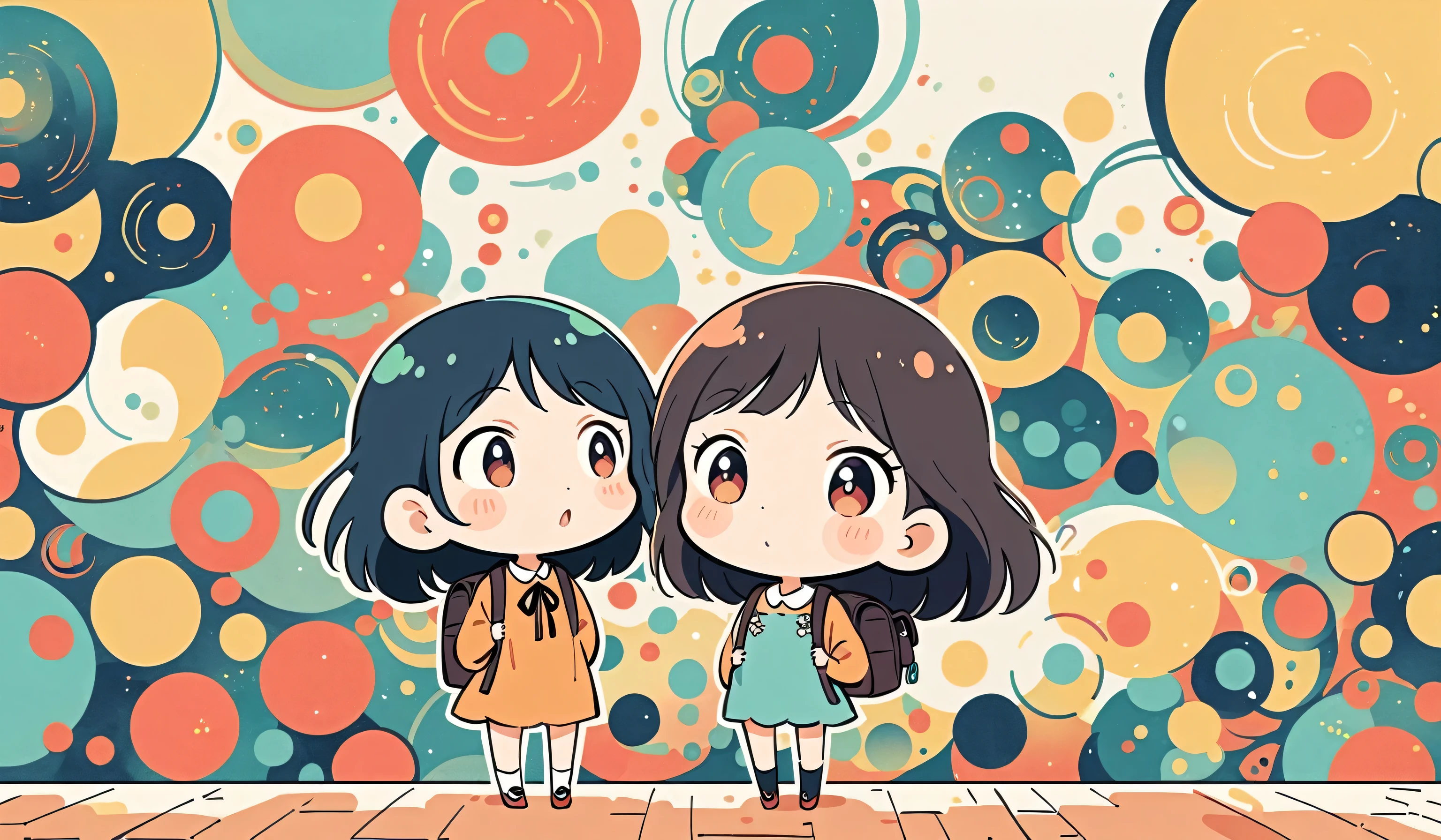 Hayao Miyazaki style, Standing in front of a high wall,Girl with backpack on rooftop,My backpack is full of happy spring,Simple Line Initialism,Abstract art,Urban Background, (((The most beautiful girl))), (((chibi)))