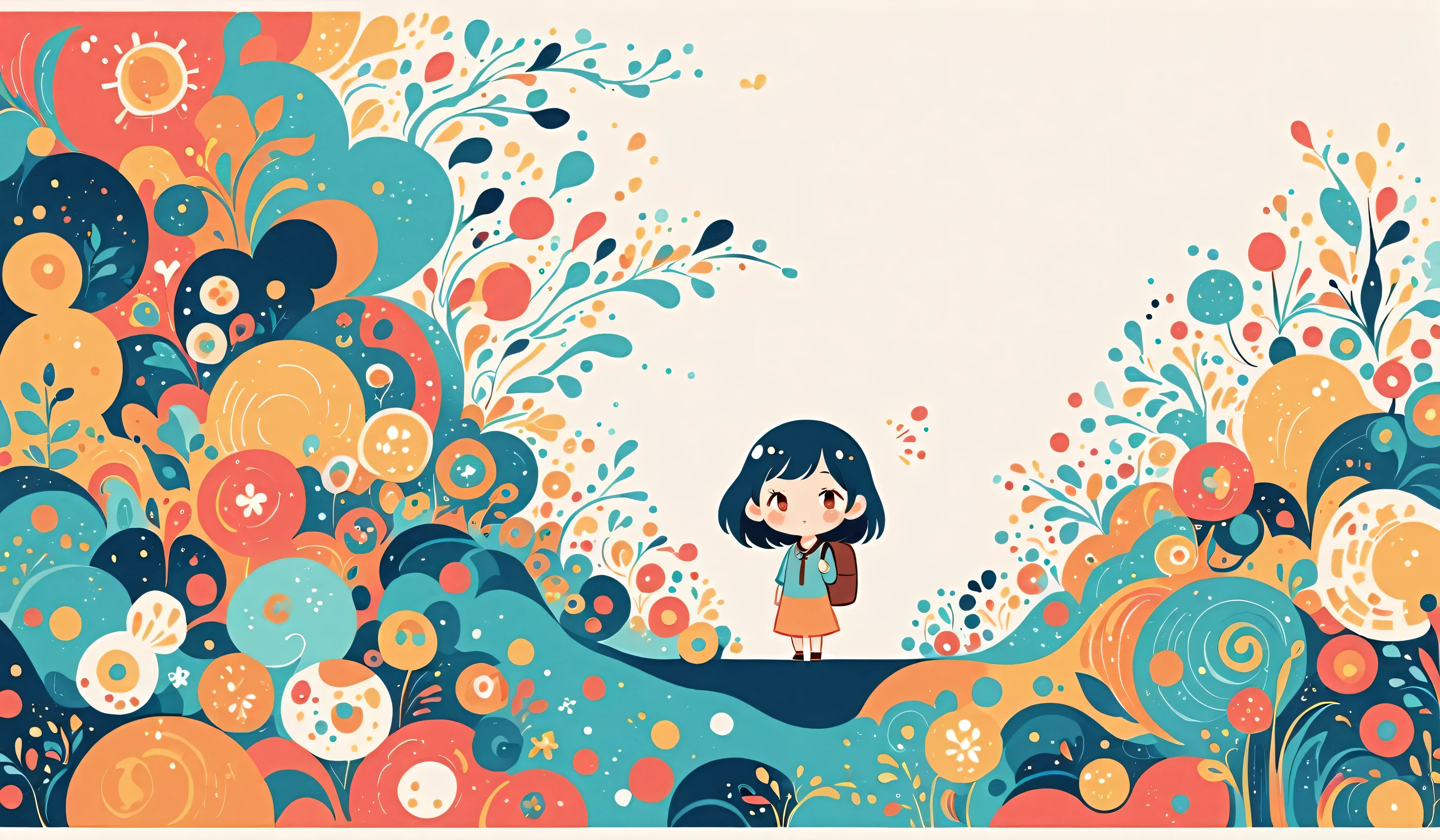 Hayao Miyazaki style, Standing in front of a high wall,Girl with backpack on rooftop,My backpack is full of happy spring,Simple Line Initialism,Abstract art,Urban Background, (((The most beautiful girl))), (((chibi)))