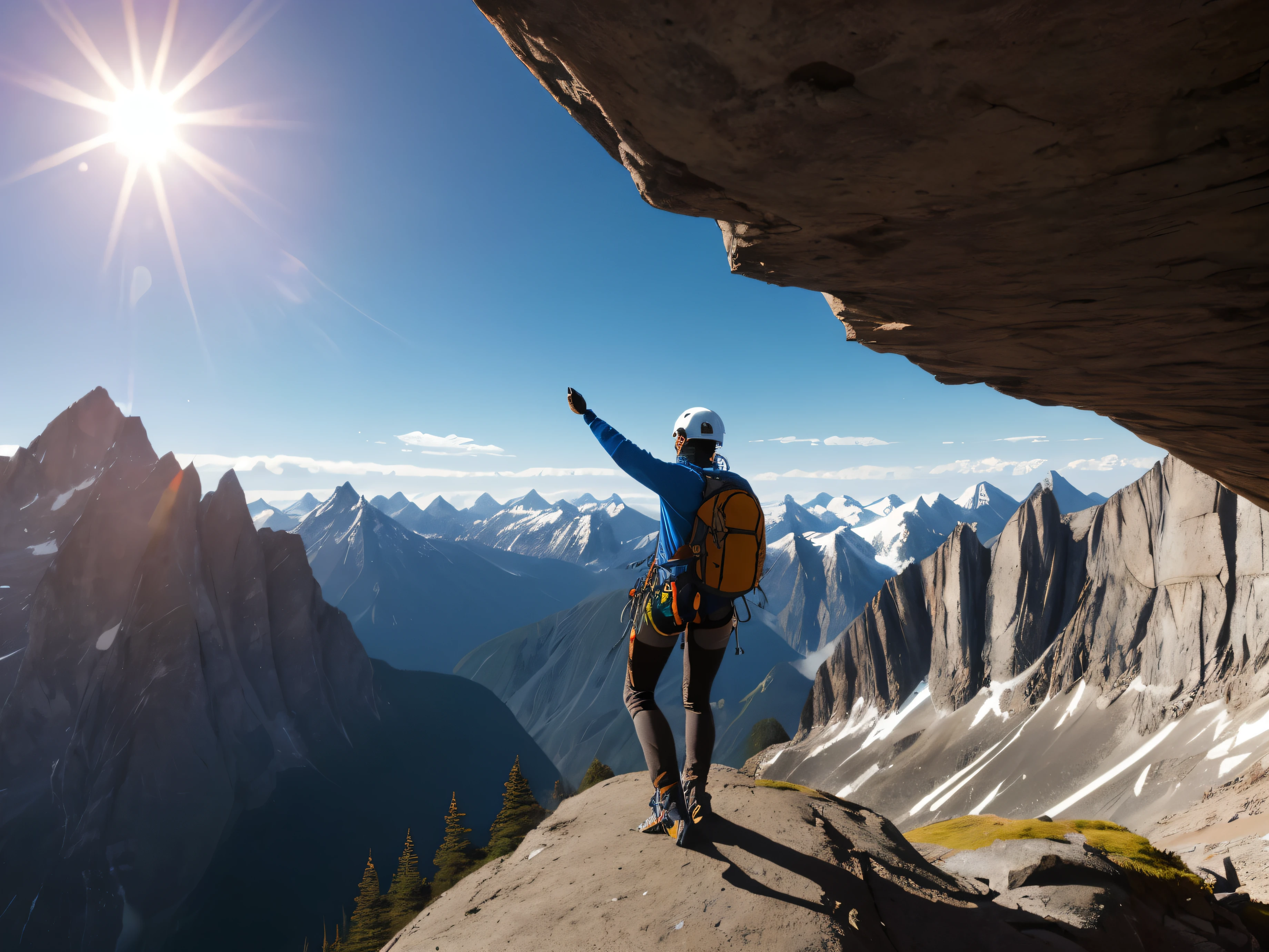 a climber,Overlooking,magnificent mountains,sun