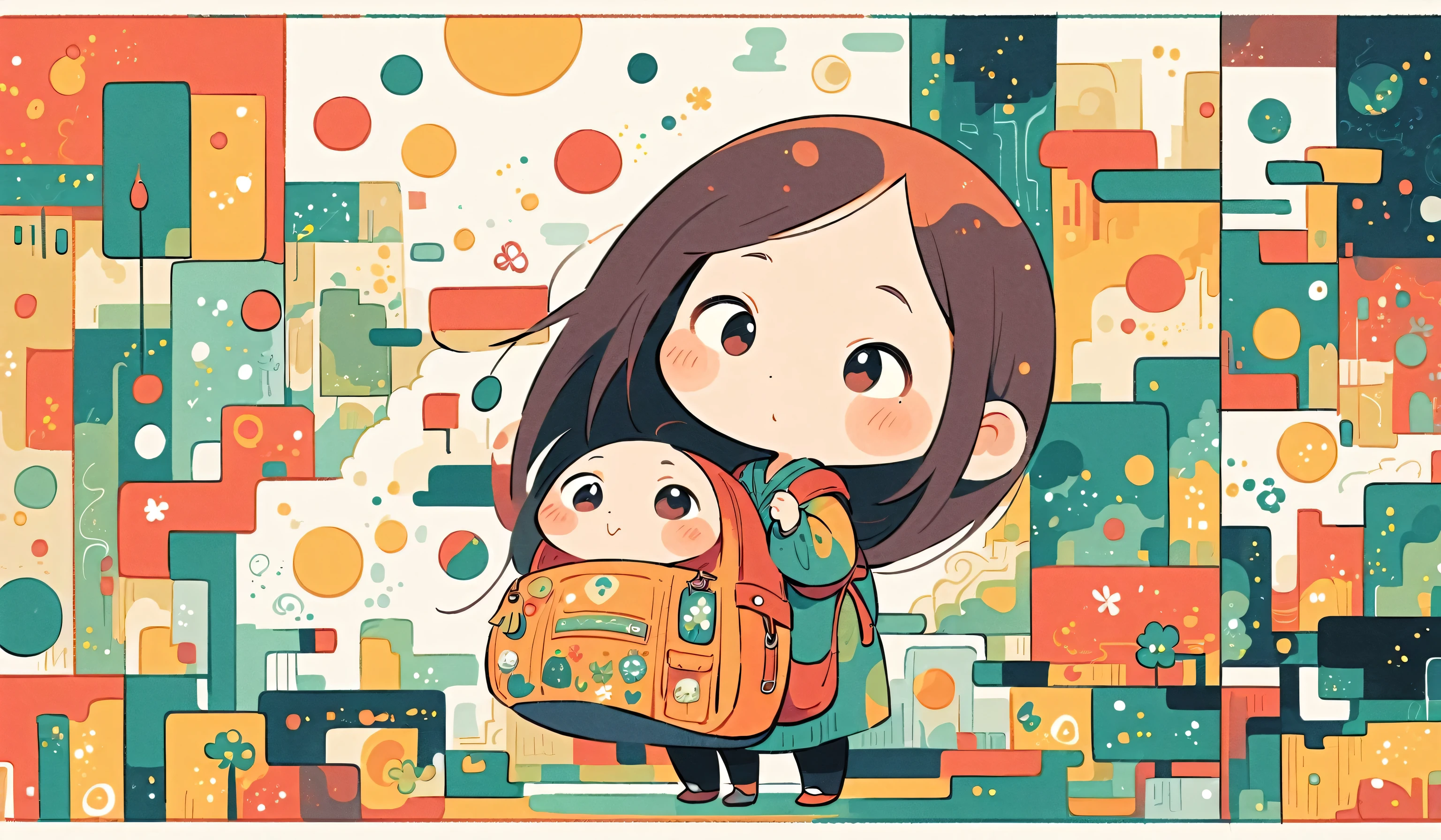 Hayao Miyazaki style, Standing in front of a high wall,Girl with backpack on rooftop,My backpack is full of happy spring,Simple Line Initialism,Abstract art,Urban Background, (((The most beautiful girl))), (((chibi)))