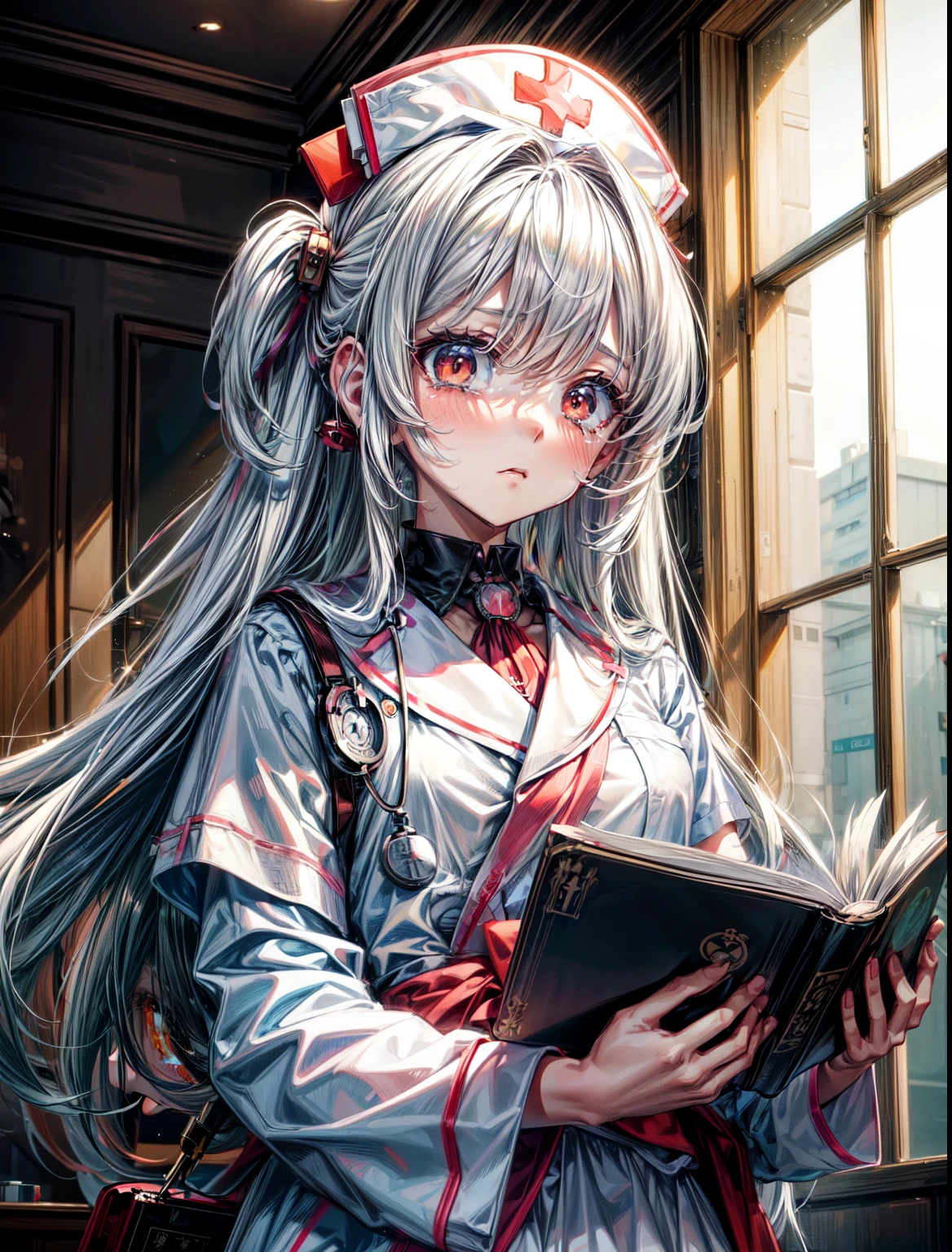 ((Masterpiece)), ((best quality)), (Anime:1.4), (super detail:1.2), (High Definition:1.3), (Professional Photography:1.3), (wide shot), (sharp focus), (perfect light), ((12 years old)), 1 girl, solo, bandage, cross bandage, ((reading book)), white hair, orange eyes, round eyes, crybaby, crying face, shy, nurse cap, (nurse uniform), cross decoration, nurse, tsundere face, syringe, medicine, white, kawaii, cute colors,cute,❤️🖤💗💔, 8K, ((jirai fashion)),
