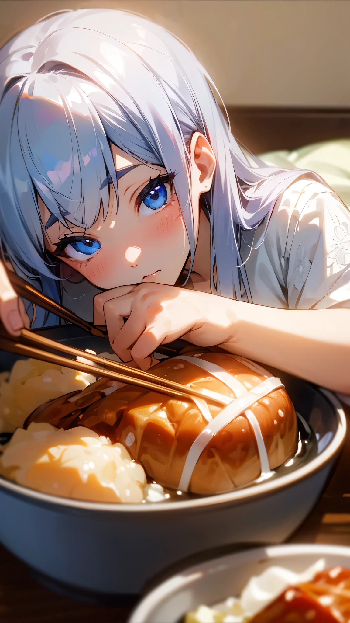 1 girl、8k、Sharp focus、(Bokeh) (highest quality) (Detailed skin:1.3) (Intricate details) (anime)、、Silver Hair、blue eyes、Lying on the futon、Eat katsudon、Holding chopsticks in your right hand