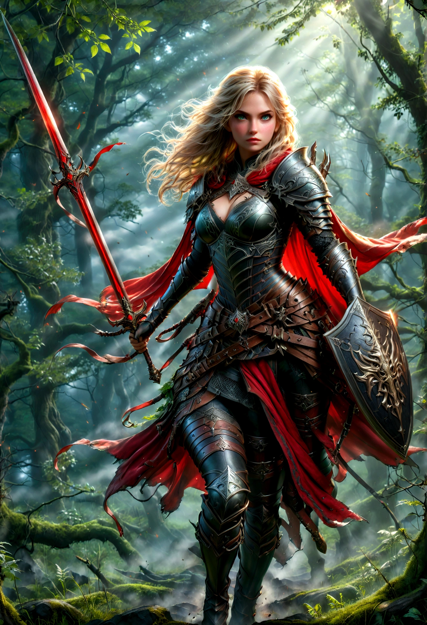fantasy art, RPG art, Dark fantasy art, ultra wide shot, RAW, photorealistic, a picture of female human ranger, the ranger, an exquisite beautiful human woman, long blond hair, braided hair, green eyes, wearing leather armor, wearing (red cloak: 1.1), armed with a (sword: 1.3), wearing laced boots, standing in a dark forest at night, (mist rising from the grounds: 1.3), a sense of dread and fear, yet she stands defiant and fearless, dark fantasy forest background, best quality, 16k, [ultra detailed], masterpiece, best quality, (ultra detailed), full body, ultra wide shot, photorealism, Sword and shield