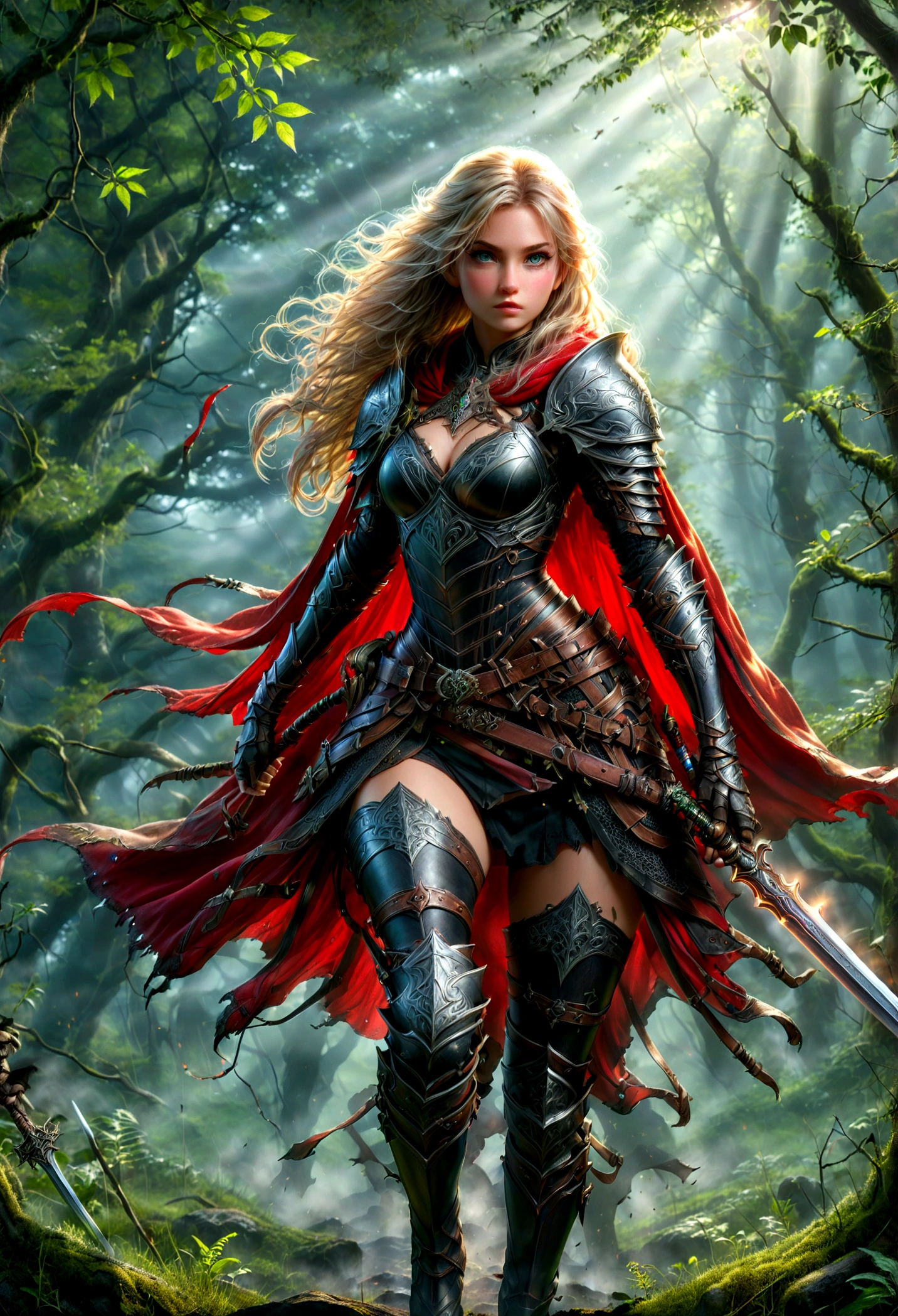 fantasy art, RPG art, Dark fantasy art, ultra wide shot, RAW, photorealistic, a picture of female human ranger, the ranger, an exquisite beautiful human woman, long blond hair, braided hair, green eyes, wearing leather armor, wearing (red cloak: 1.1), armed with a (sword: 1.3), wearing laced boots, standing in a dark forest at night, (mist rising from the grounds: 1.3), a sense of dread and fear, yet she stands defiant and fearless, dark fantasy forest background, best quality, 16k, [ultra detailed], masterpiece, best quality, (ultra detailed), full body, ultra wide shot, photorealism, Sword and shield