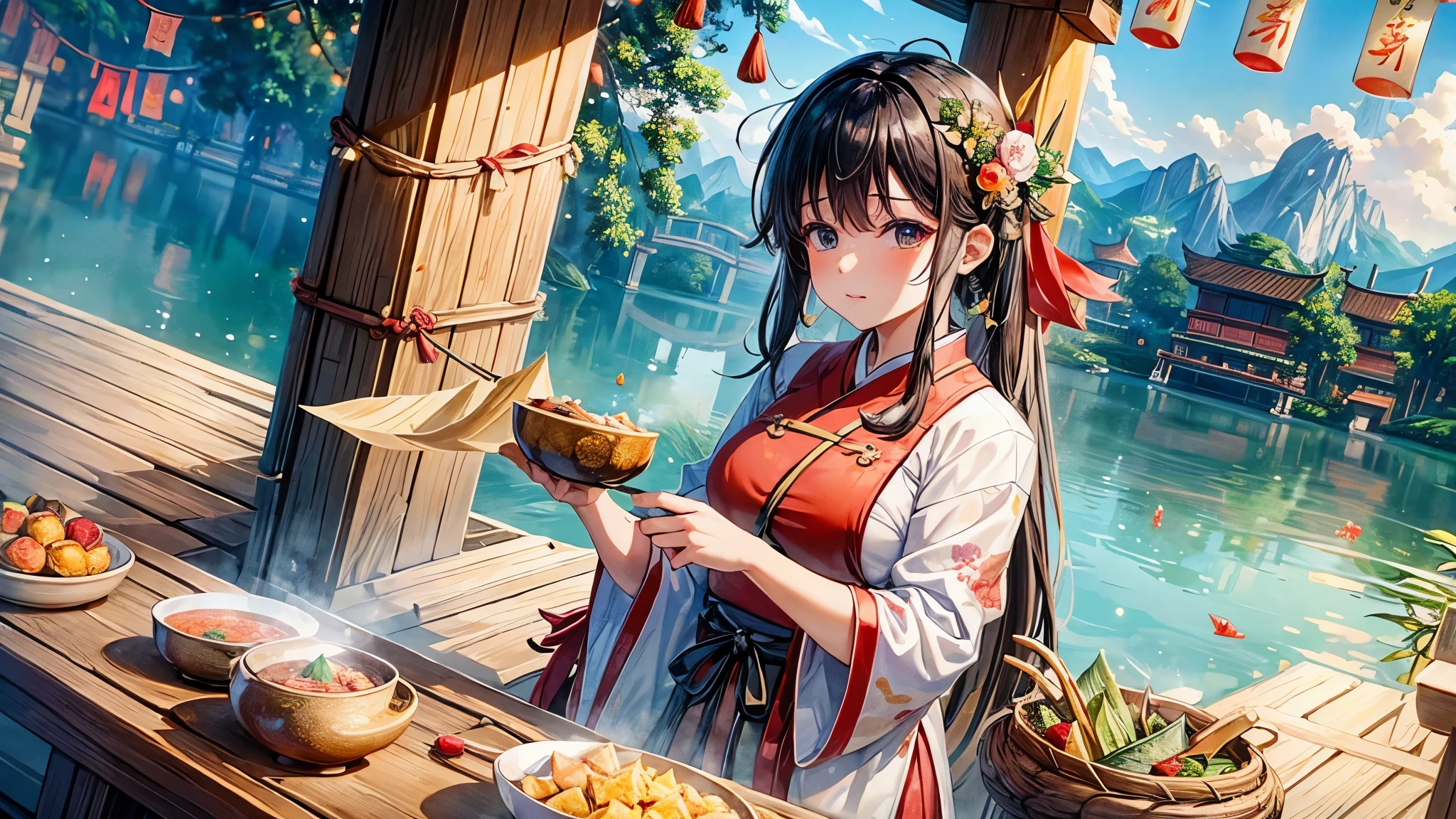 Please describe the scene of the Dragon Boat Festival(The background may be eating zongzi,Or dragon boat riding),I want to use it as a background image,If you can, I hope to be happy,There is a festive atmosphere。